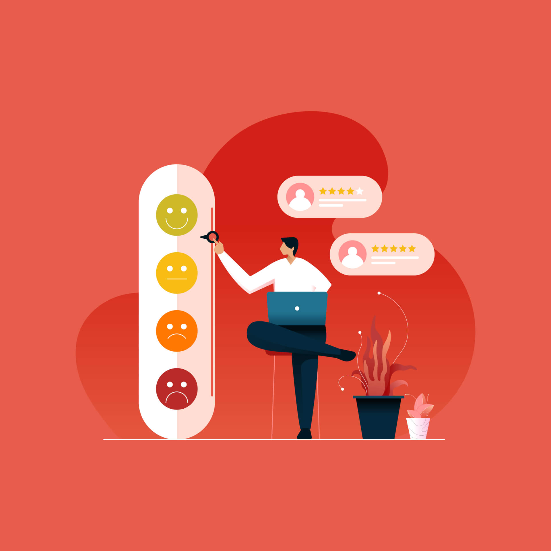 Illustration eines Mannes, der auf einem Stuhl sitzt, mit einem Laptop auf dem Schoß. Neben ihm ein Zufriedenheitsdiagramm mit vier Smileys, von sehr glücklich bis sehr unglücklich.