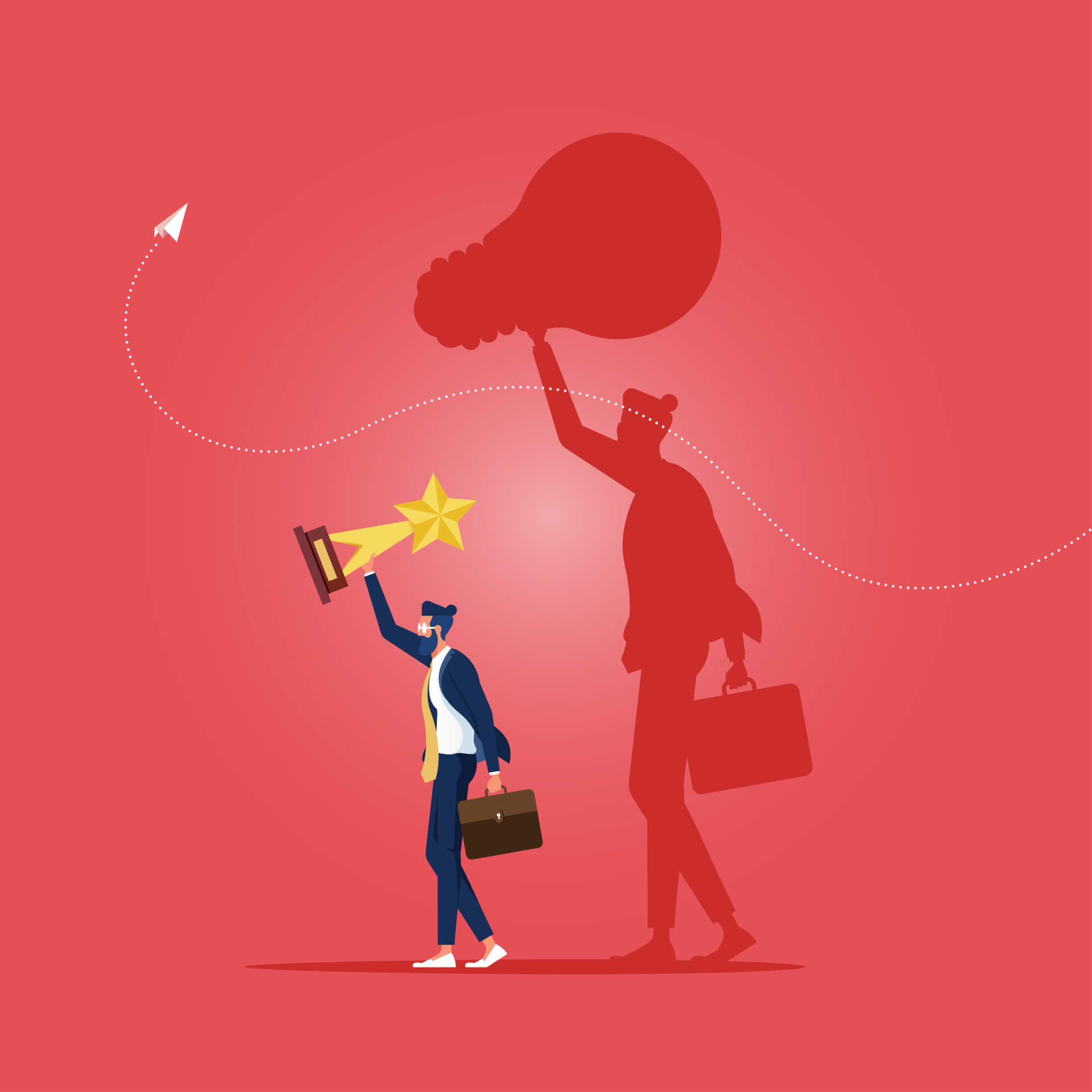 Illustration eines Mannes, der eine Trophäe hält. Ein großer Schatten fällt auf den roten Hintergrund, der Schatten des Mannes sieht aus, als würde er eine riesige Glühbirne halten.