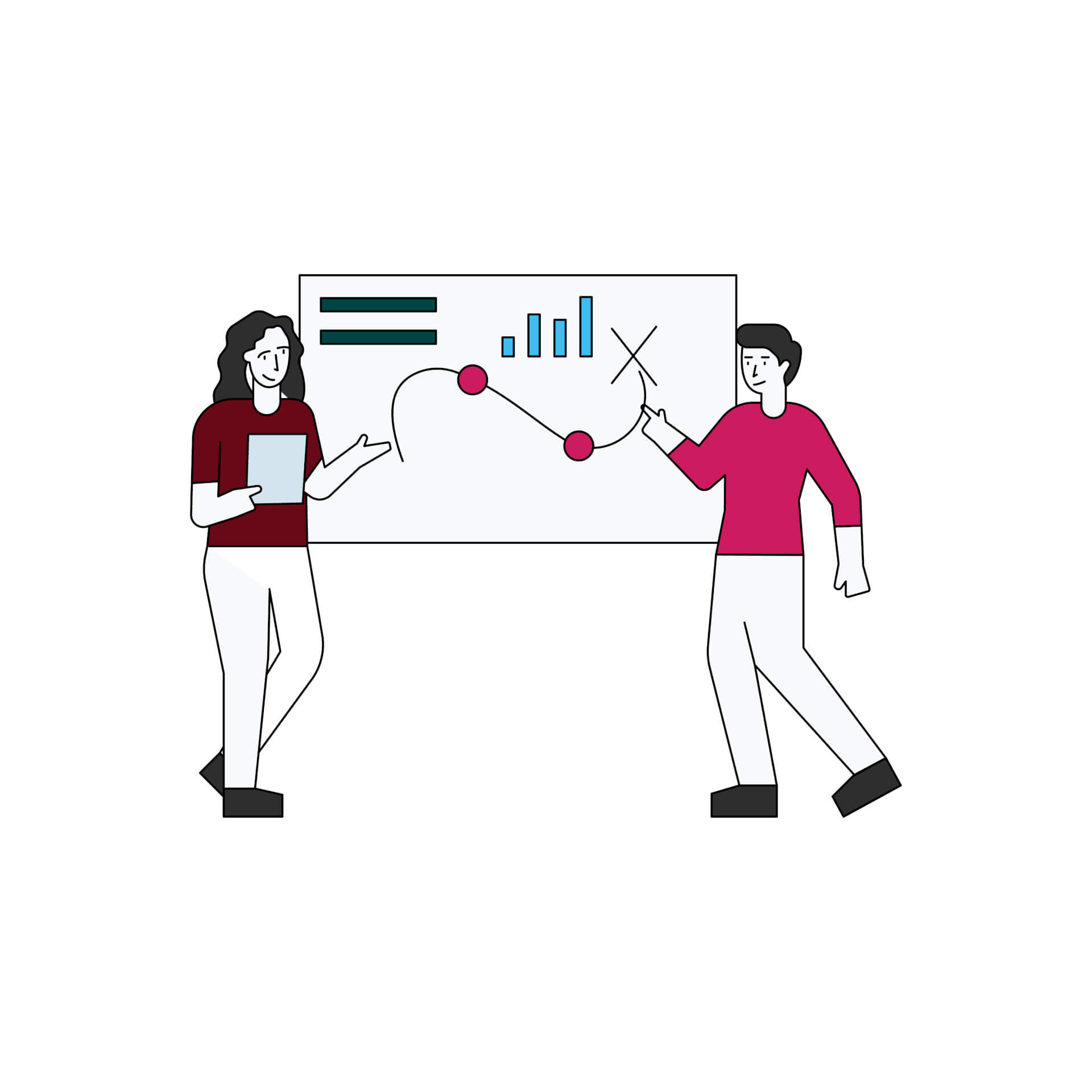 Illustration of a man and a woman, standing in front of a giant flipchart, showing touchpoints of a customer journey.