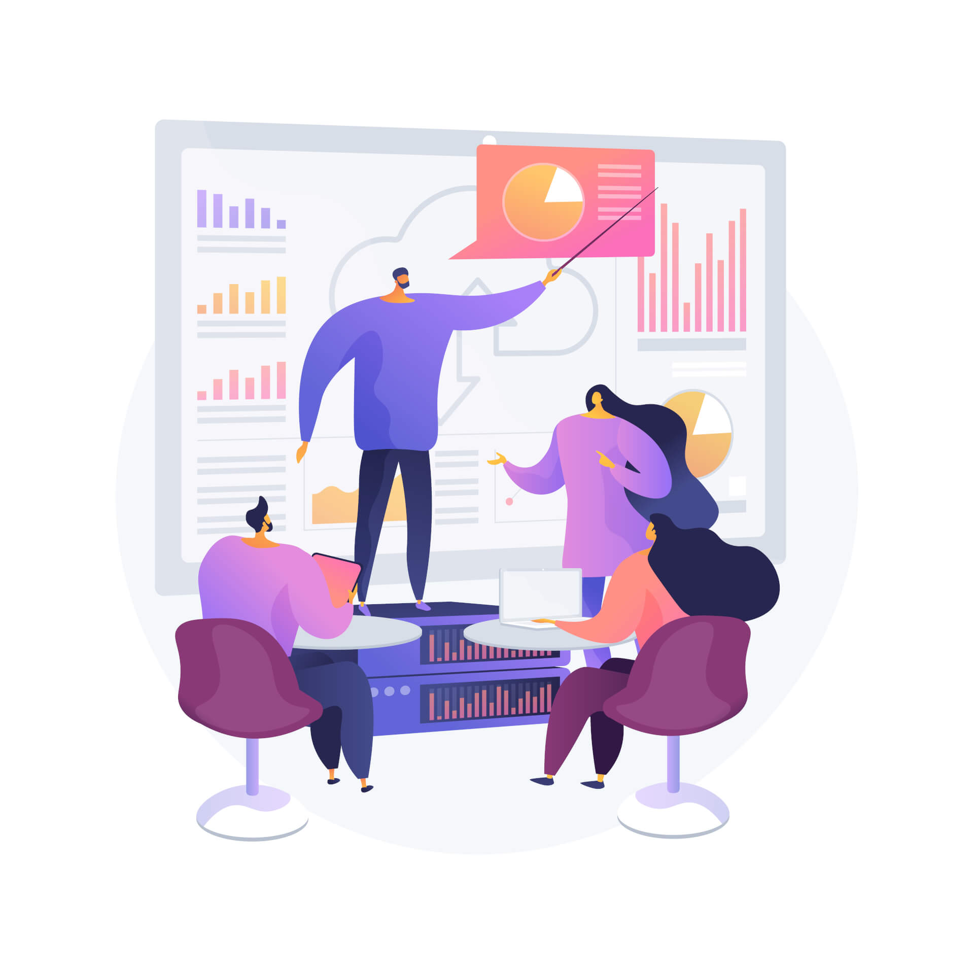 Illustration eines Besprechungsraums, eine Gruppe von Personen sitzt am Tisch, eine weitere Person präsentiert Informationen auf einem großen Bildschirm.