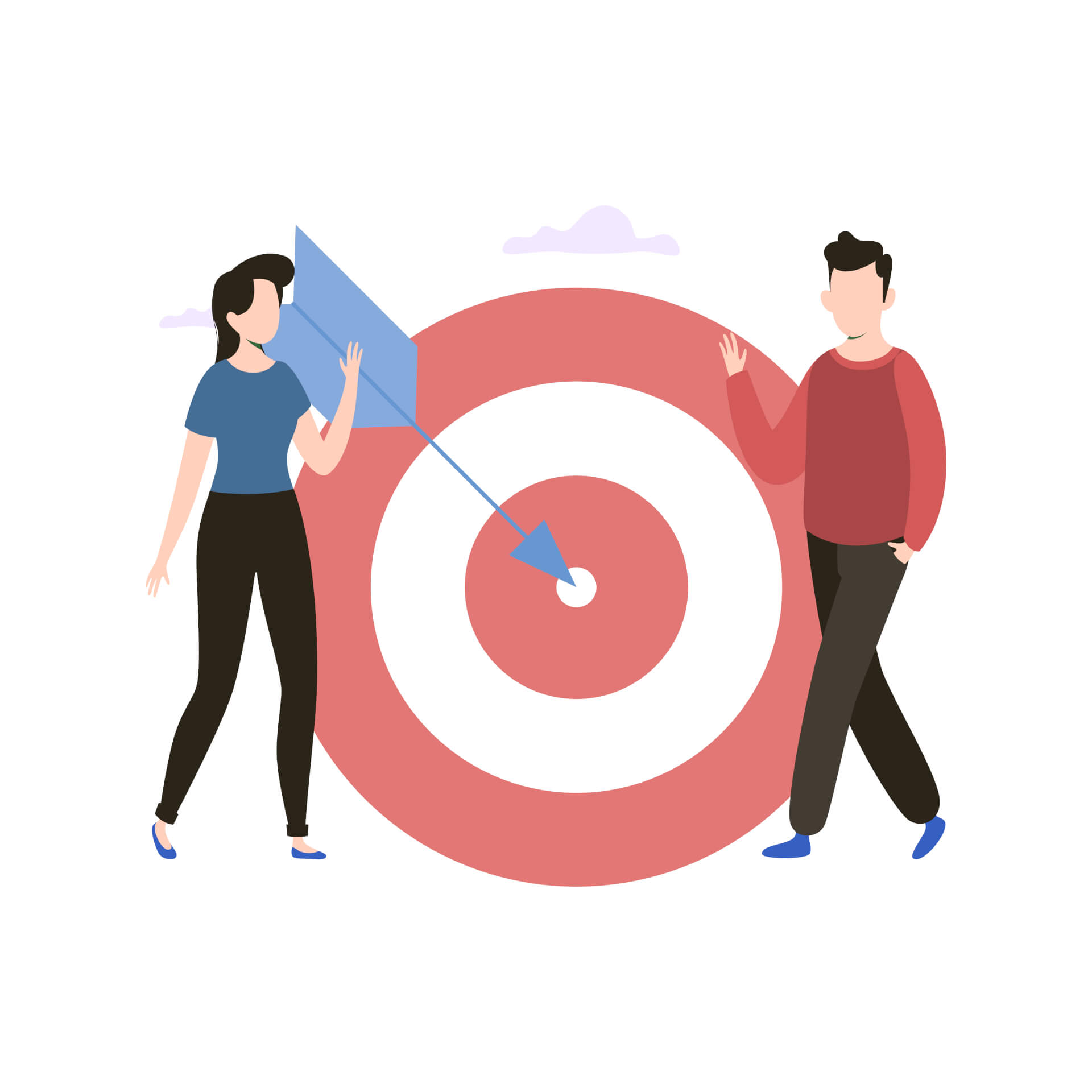 Illustration of a giant target, an arrow in center, a woman and a man standing next to it.