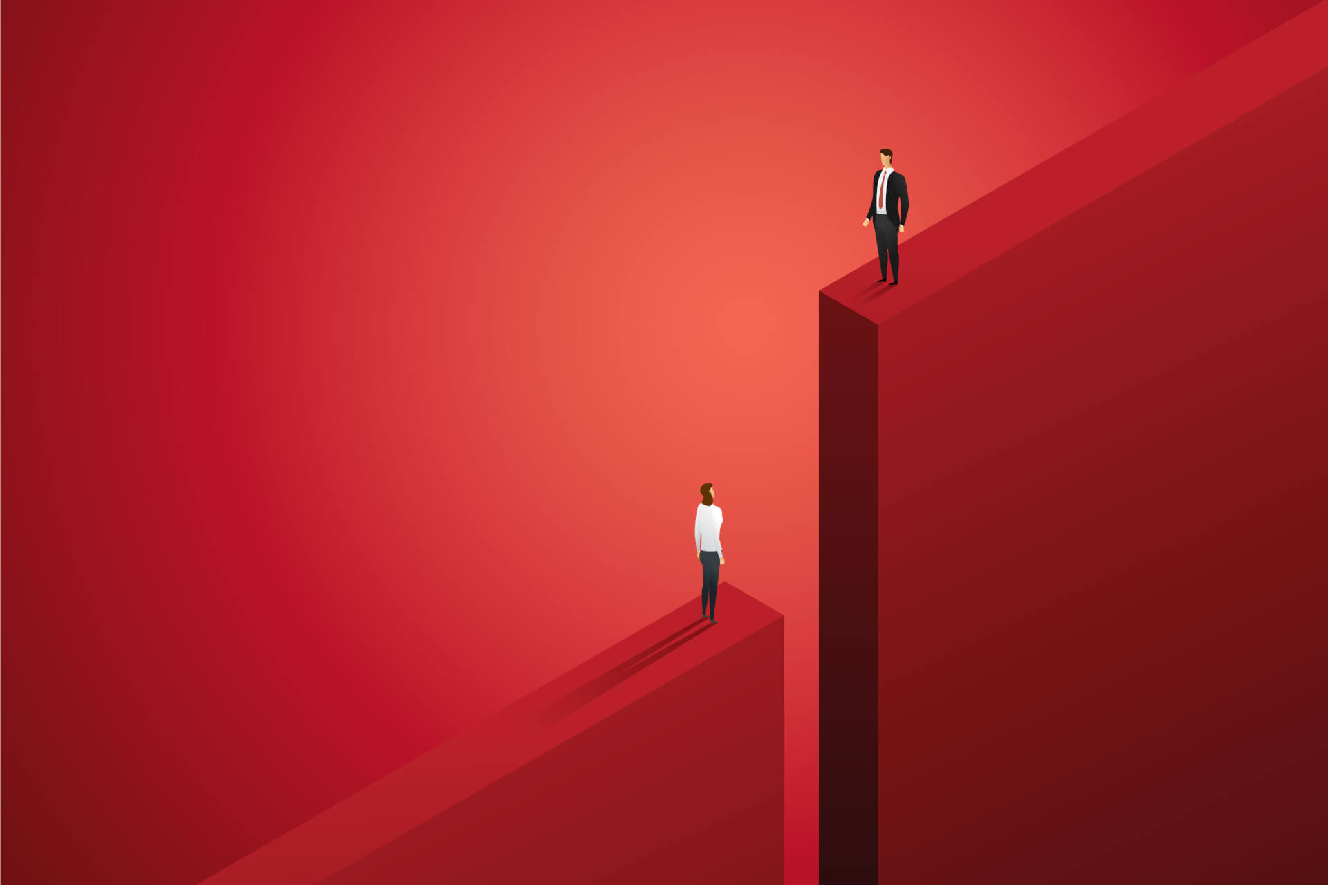 Illustration of two men, both standing on a pillar, but on different heights, not able to reach each other. 