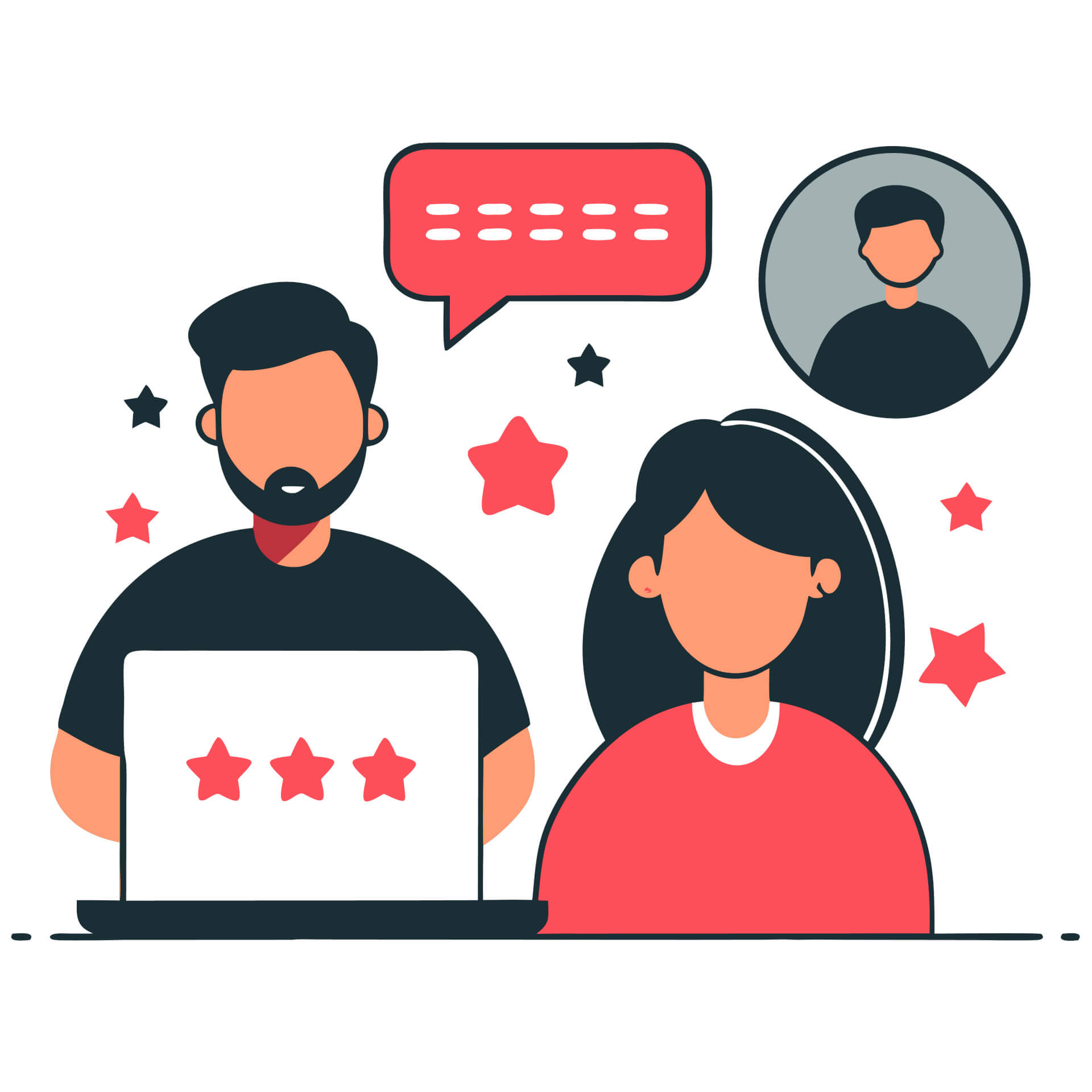 Illustration eines Mannes und einer Frau, die am Schreibtisch sitzen und sich die Daten ansehen.