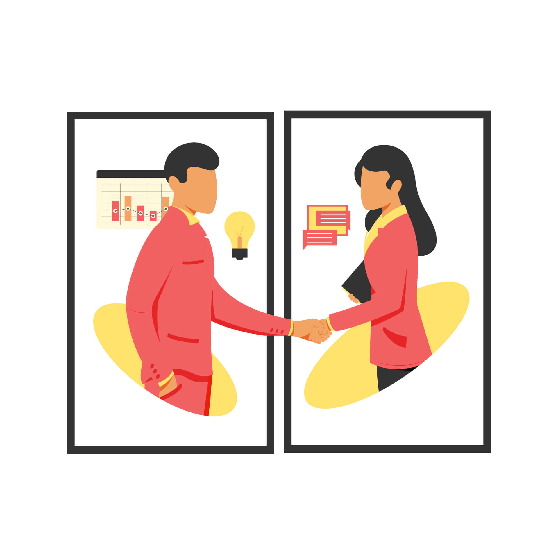 Illustration of a man and a woman shaking hands in a business context. 