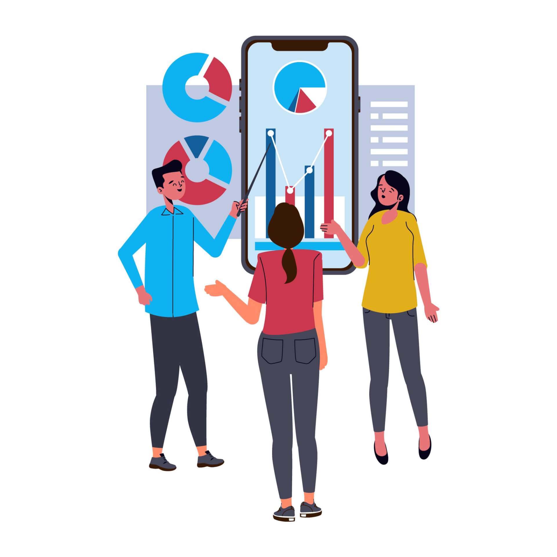 Illustration von drei Personen, die vor einem riesigen Bildschirm mit statistischen Informationen und Kundendaten stehen, sprechen und planen.