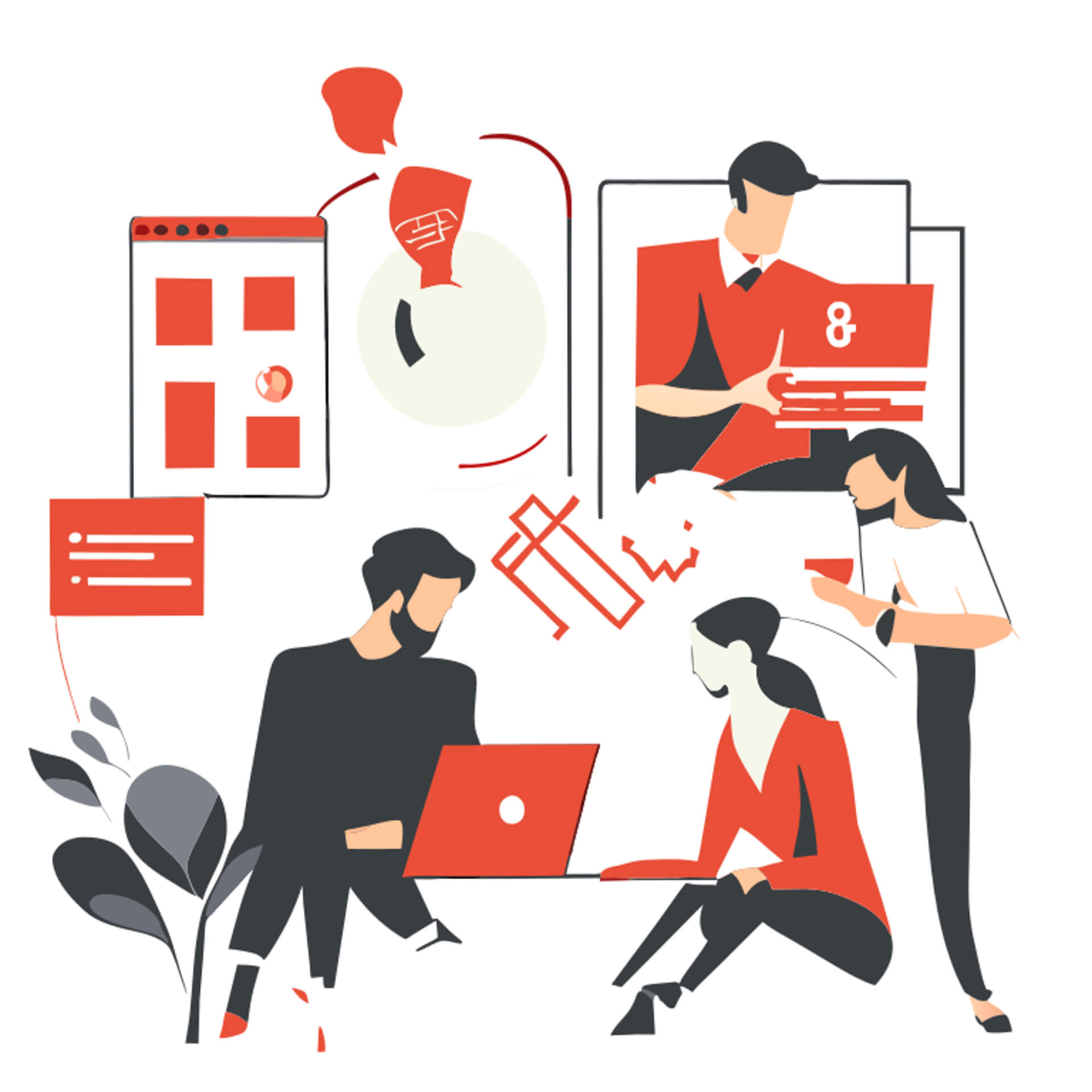Abstract Illustration of four persons, sitting together and planning strategy.