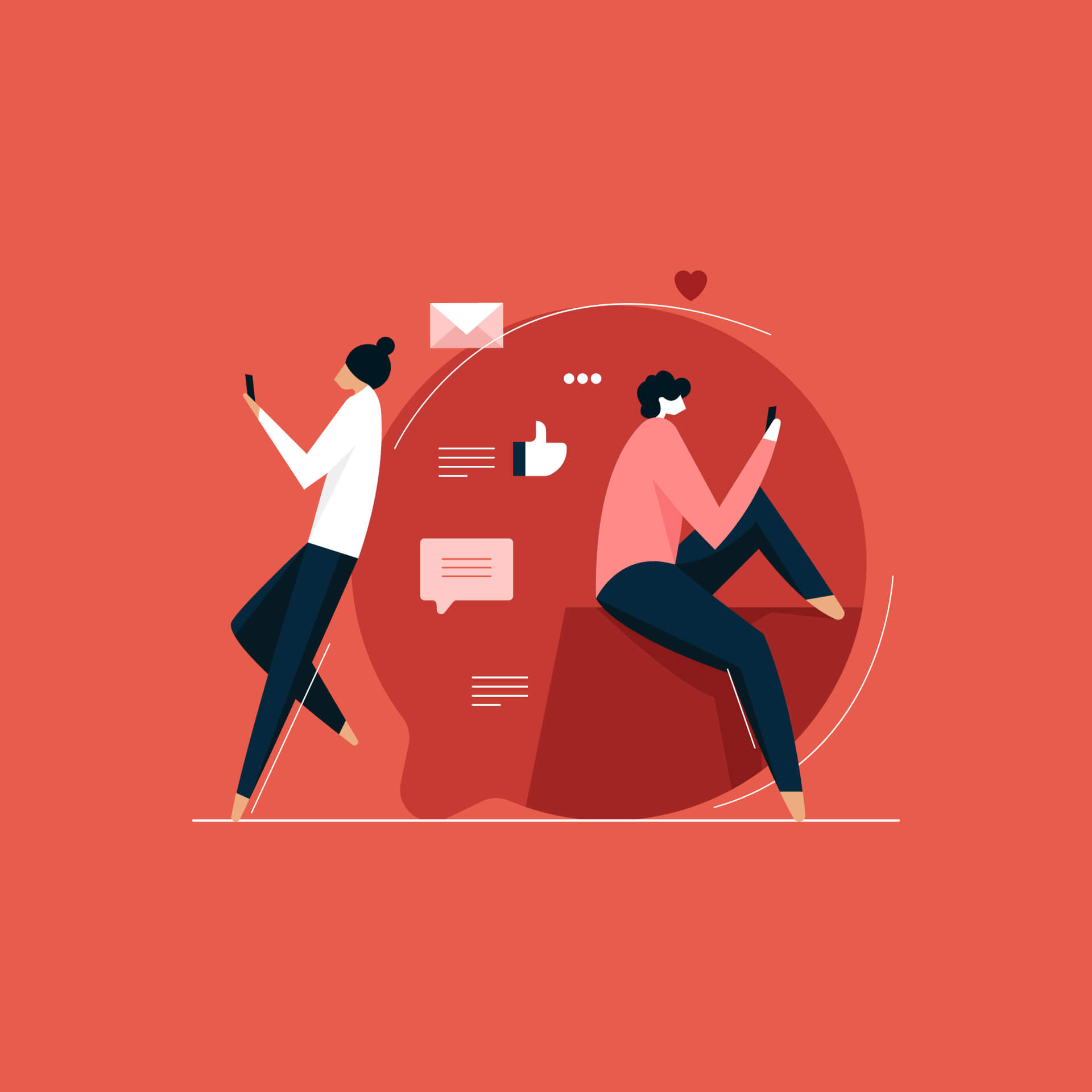 Illustration of two persons leaning on a circle, looking at their smartphones, symbols of comments, ratings and likes floating around them. 