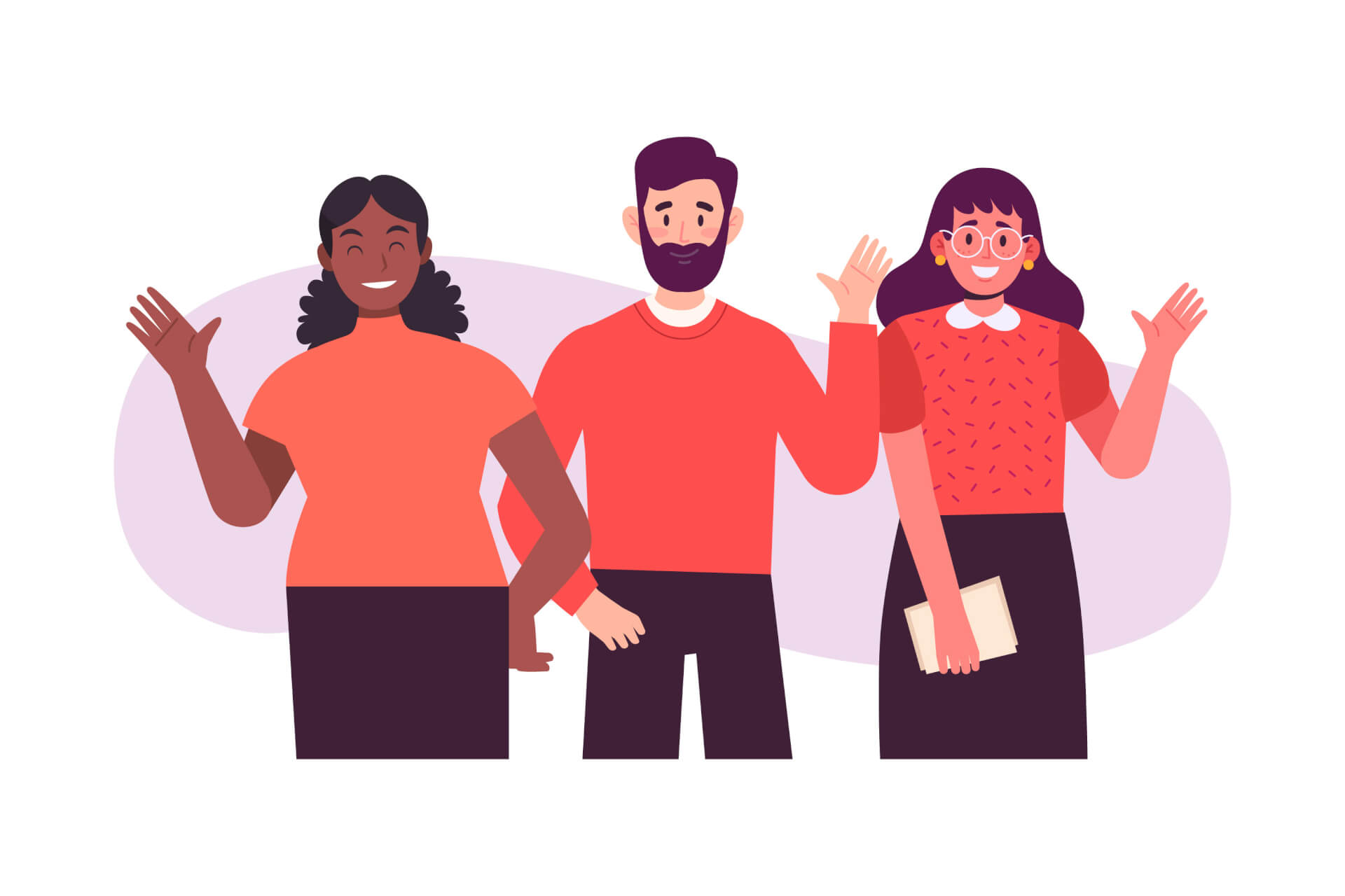 Illustration of three persons standing next to each other, welcoming smile, waving hands.