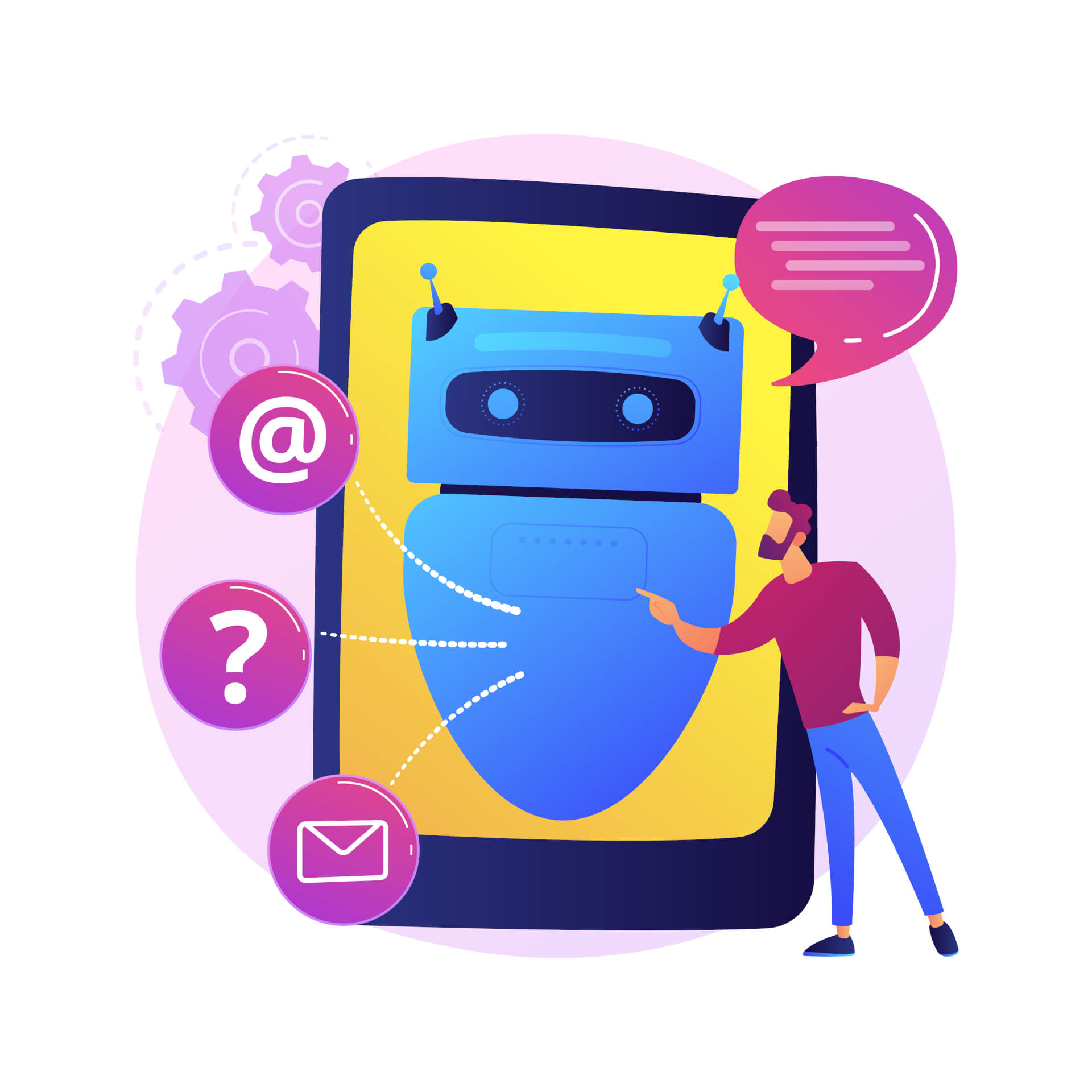 Illustration eines riesigen Smartphones, auf dessen Display ein Roboter zu sehen ist. Ein Mann steht vor dem Display und spricht mit dem Roboter.