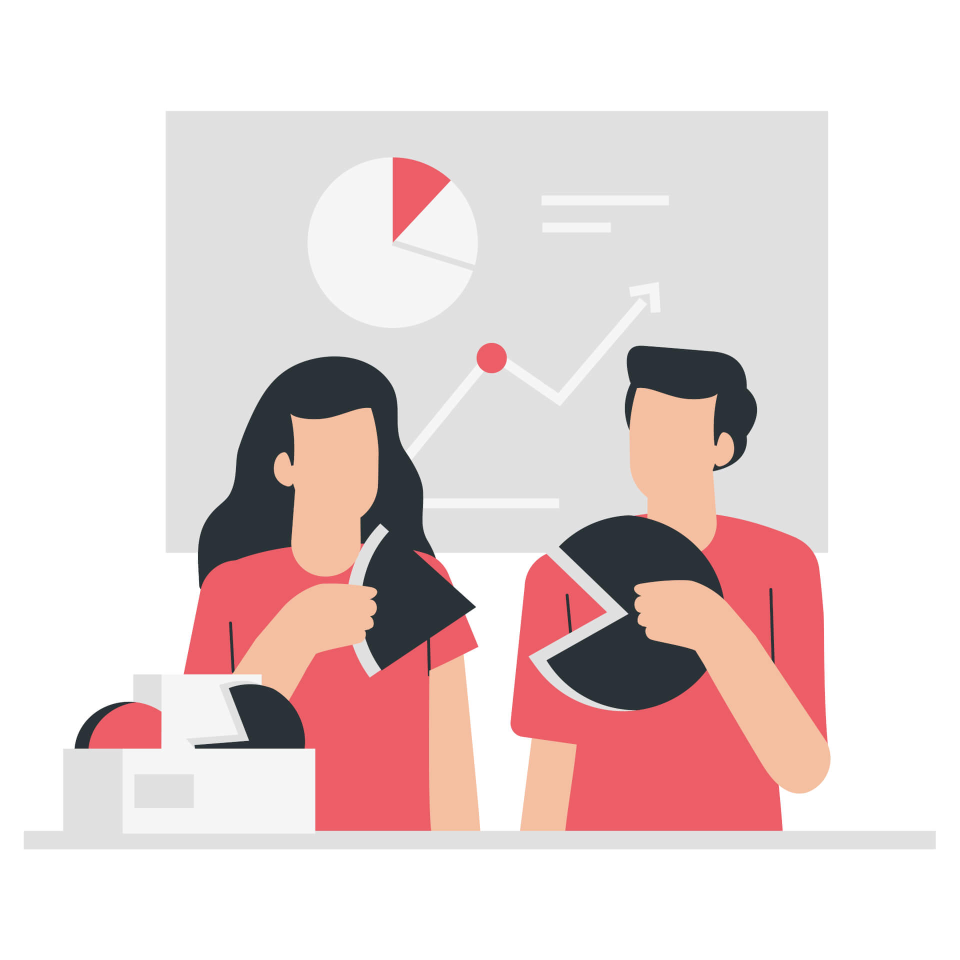 Illustration of a man and a woman, both holding parts of a physical pie chart, puting the parts together. 