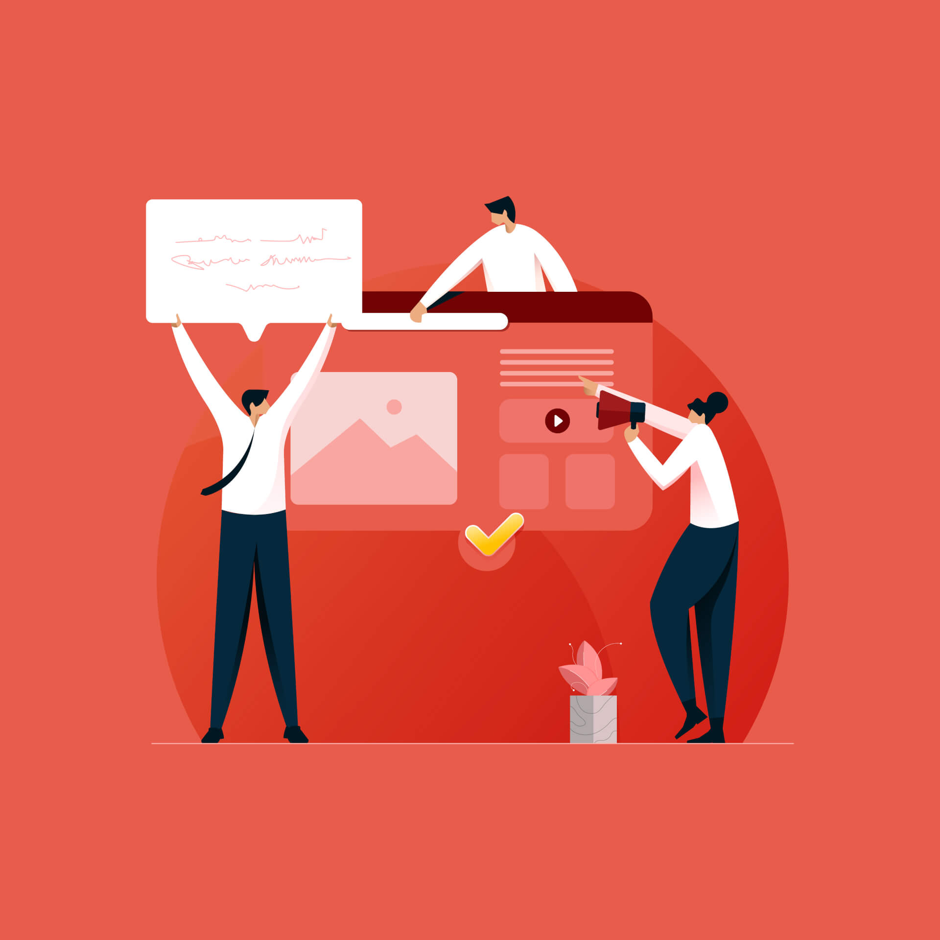Illustration of a big browser page, with three persons adjusting elements on the page. 