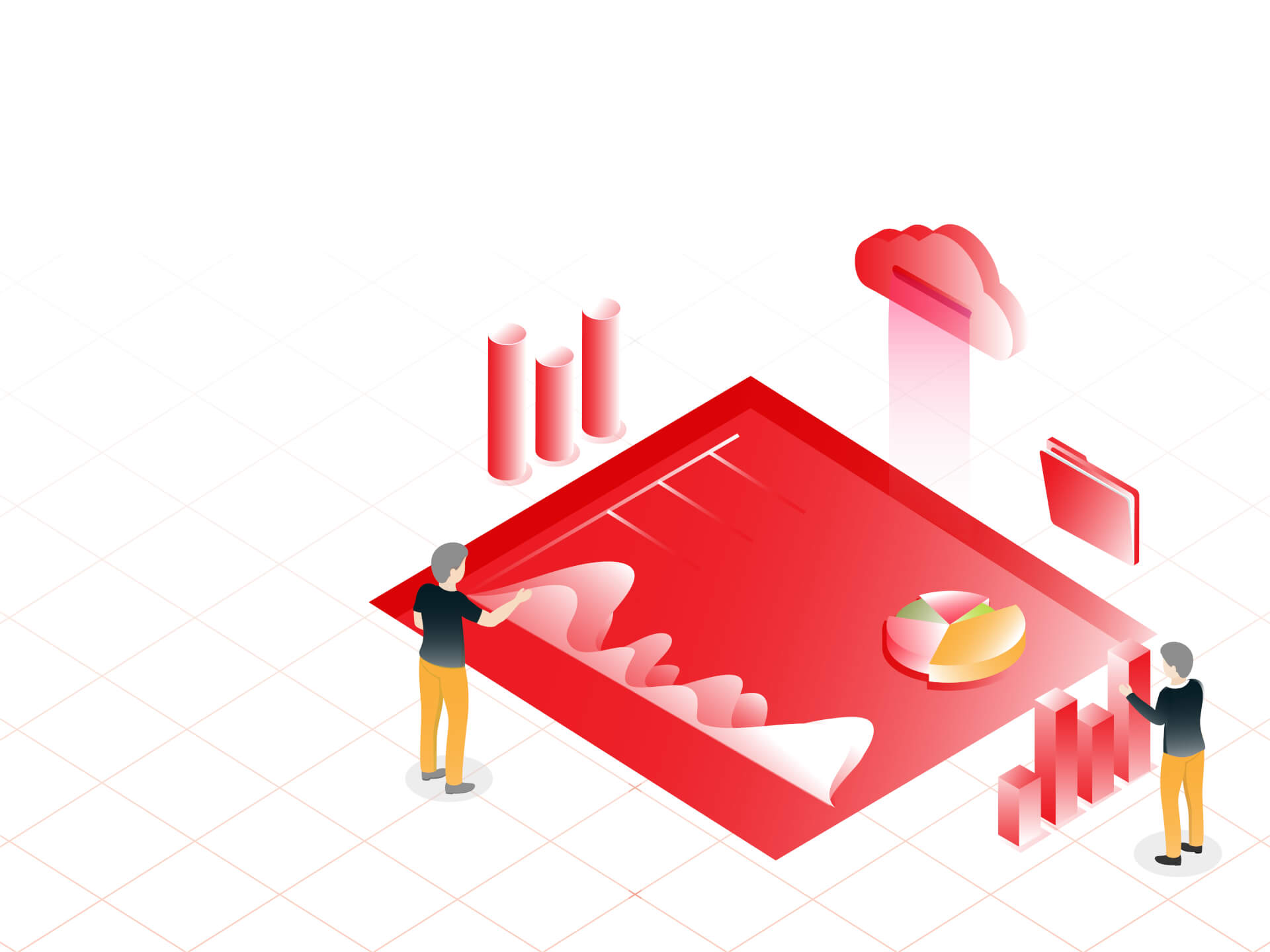 Illustration von zwei Männern, die an einem riesigen Dashboard arbeiten, das auf dem Boden angezeigt wird.