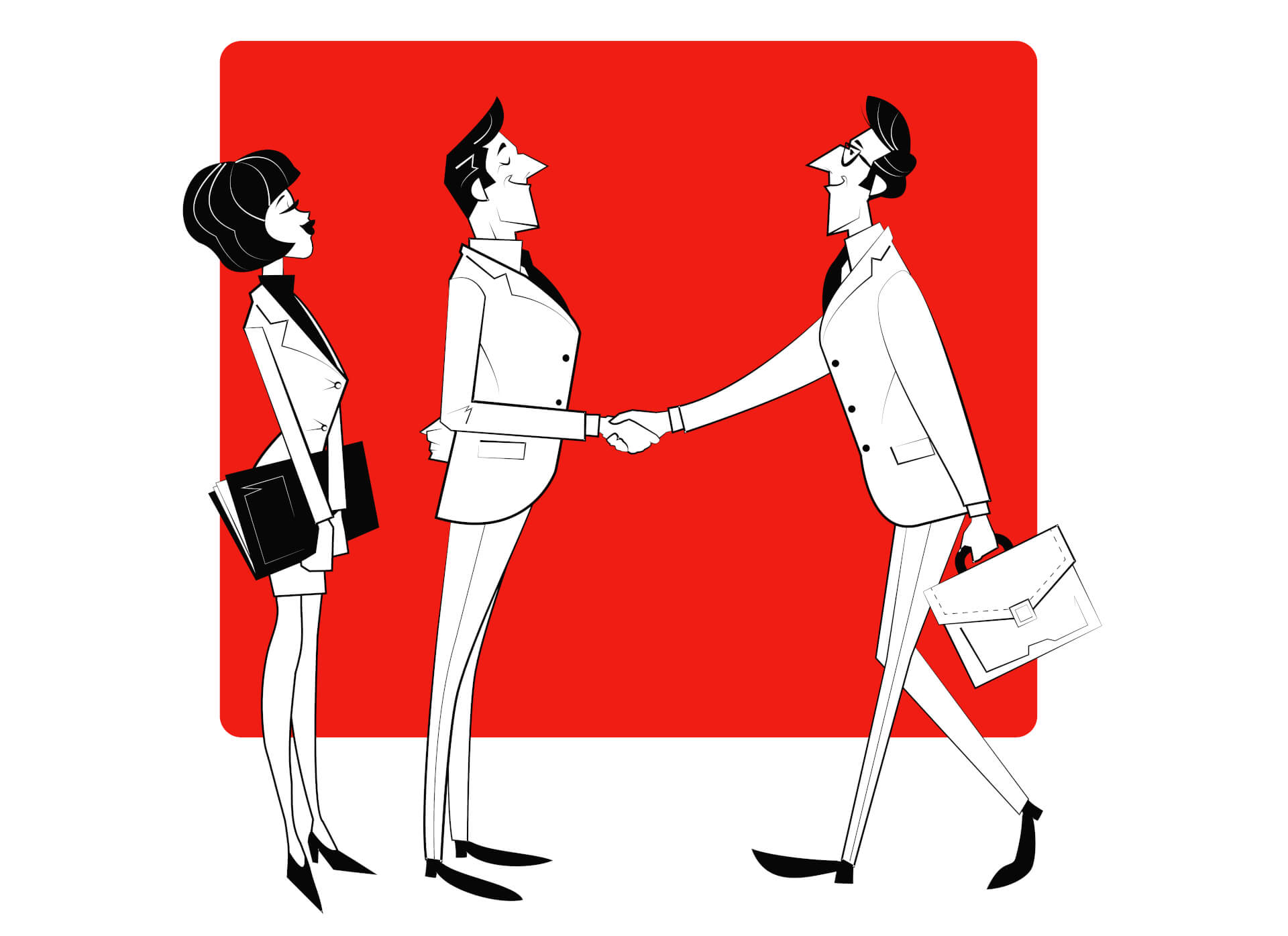 Illustration eines Mannes, der auf einen anderen Mann und eine Frau zugeht, um sie zu begrüßen und die Hände zu schütteln