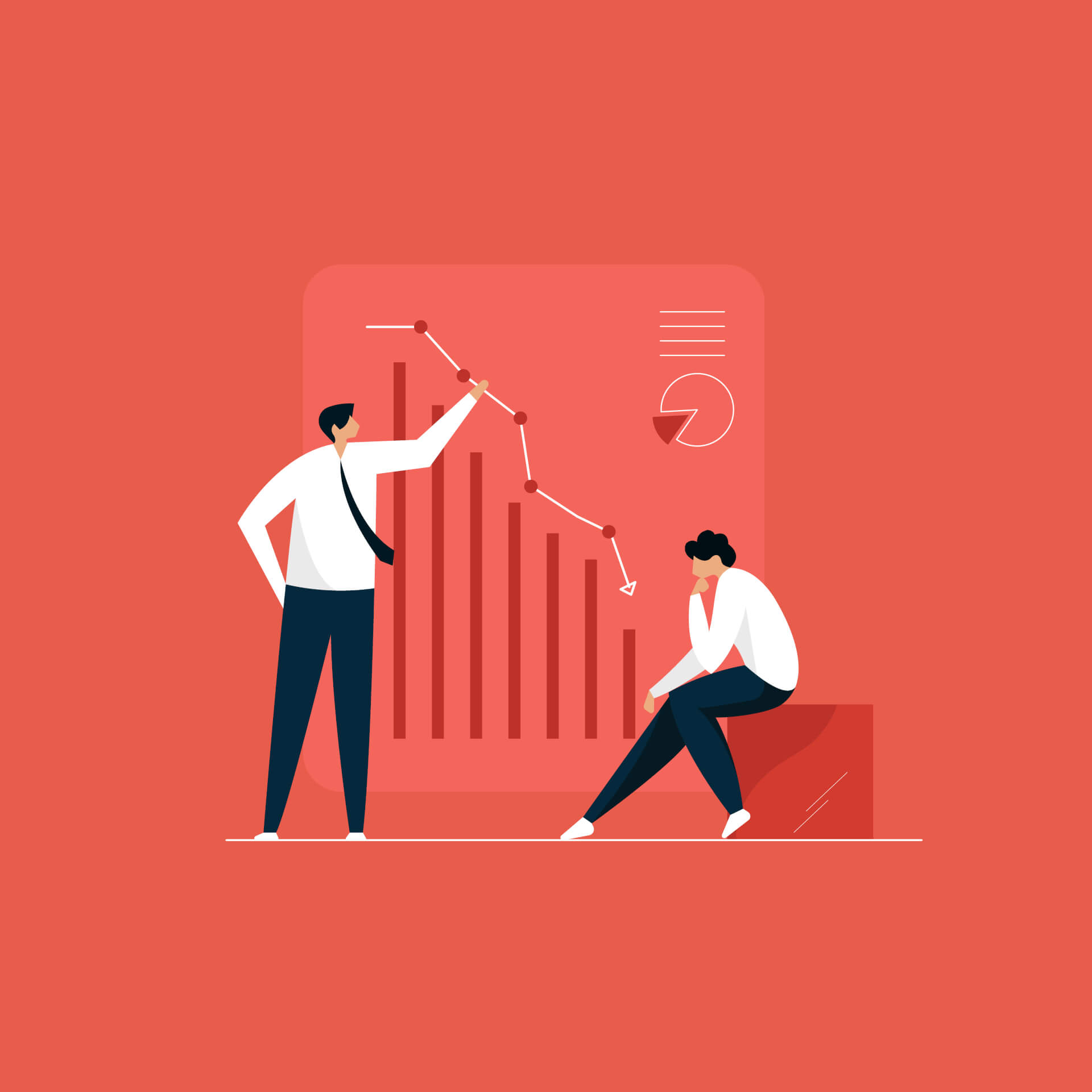 Illustration of two men, looking at falling statistics.