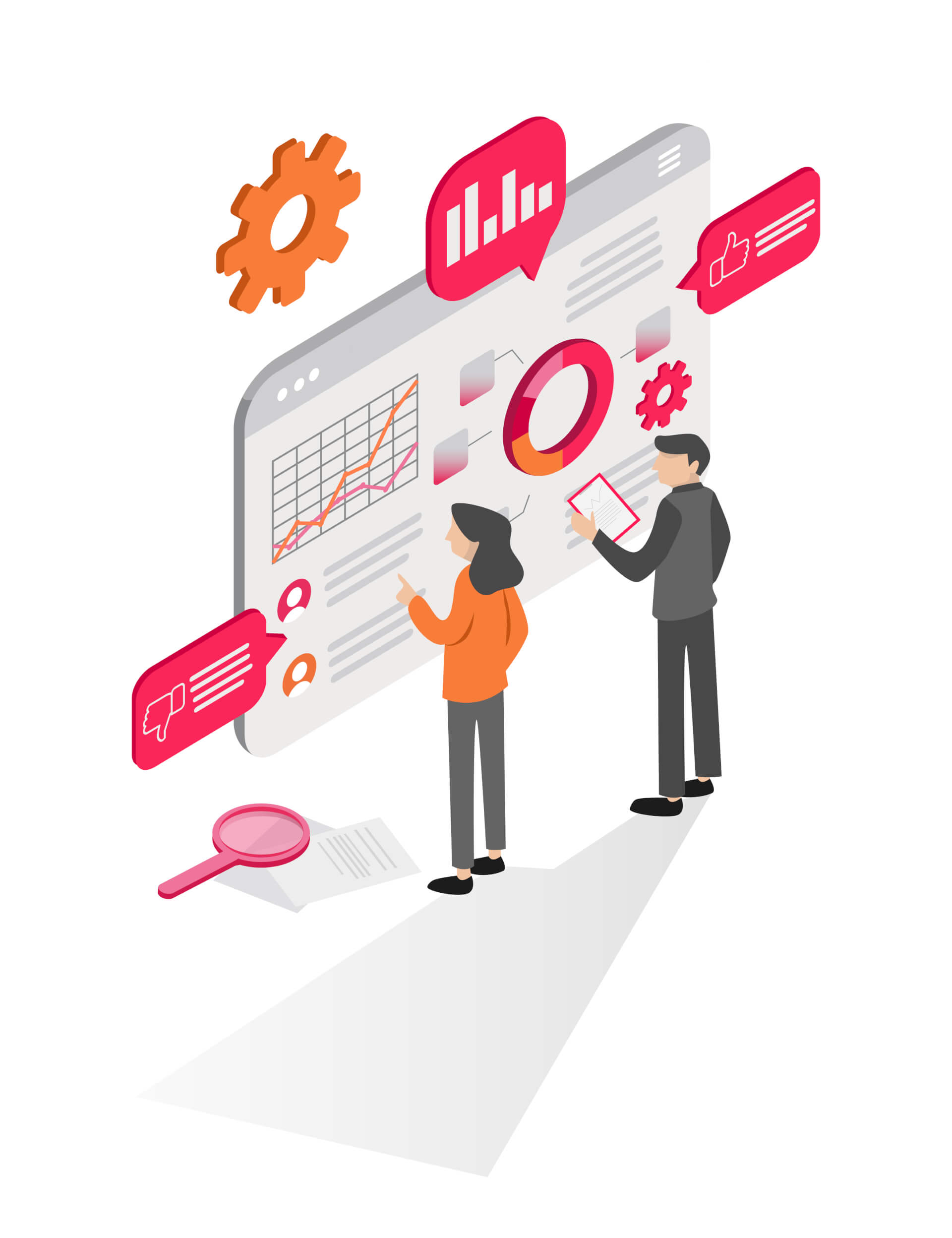Illustration von zwei Personen, die Daten und Statistiken an einer riesigen Wand inspizieren.