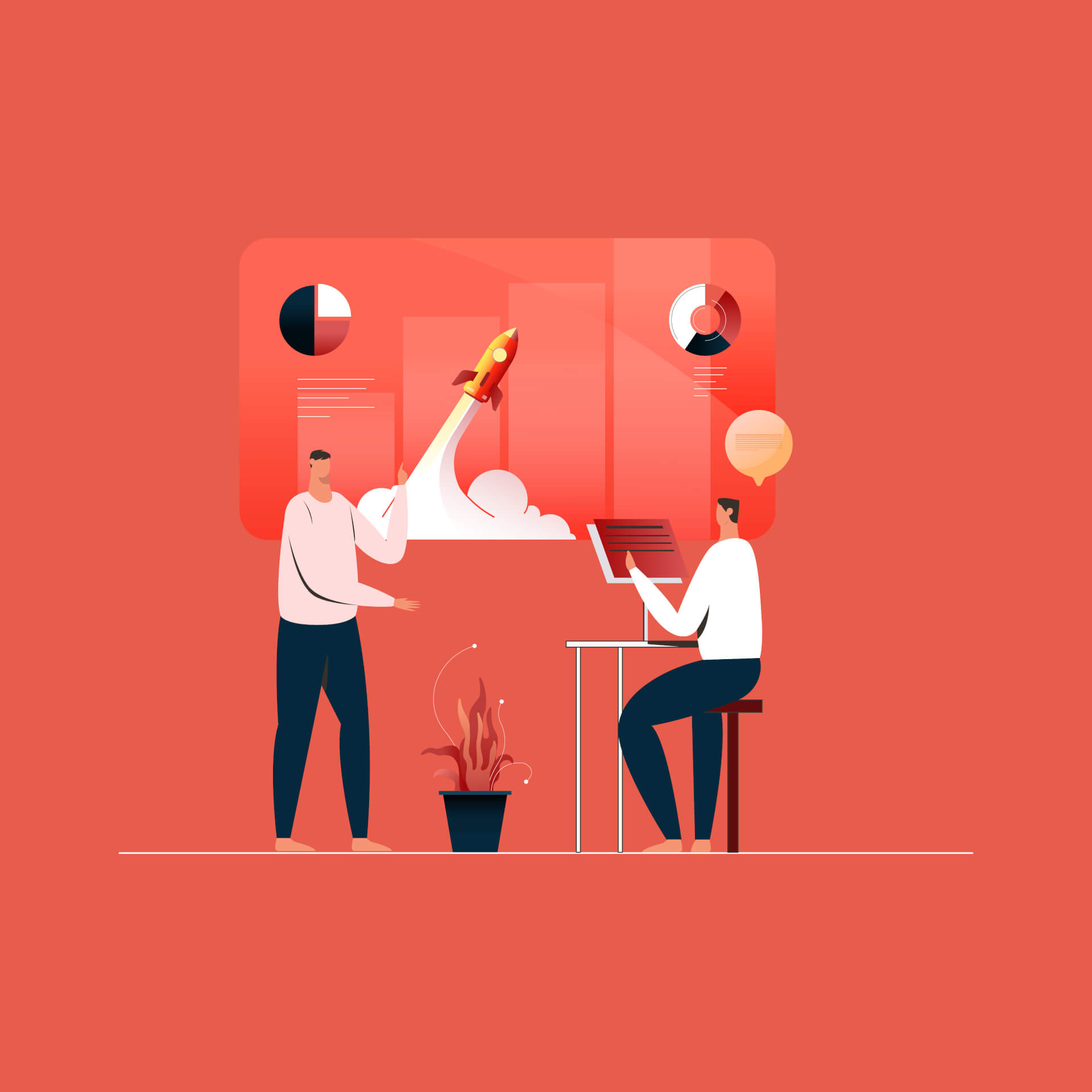 Illustration von zwei Männern, die an einem Schreibtisch arbeiten und Daten auf einem Bildschirm betrachten, während im Hintergrund eine Rakete startet.