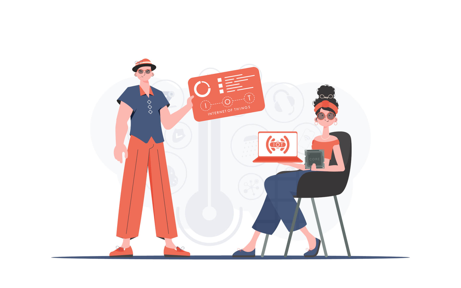 Illustration of a man holding up a card saying: Internet of things. A woman siting next to him, holding a laptop.
