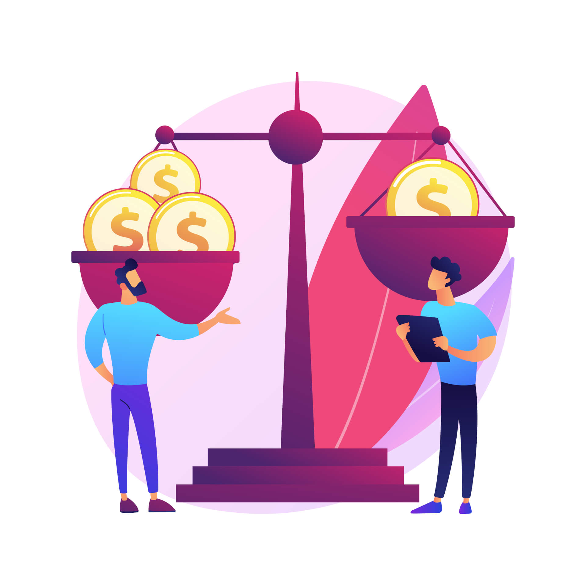 Illustration of two men standing in front of a giant scale. On one side, there are many money coins, on the other, there is only one. Both seem to weigh almost the same. 