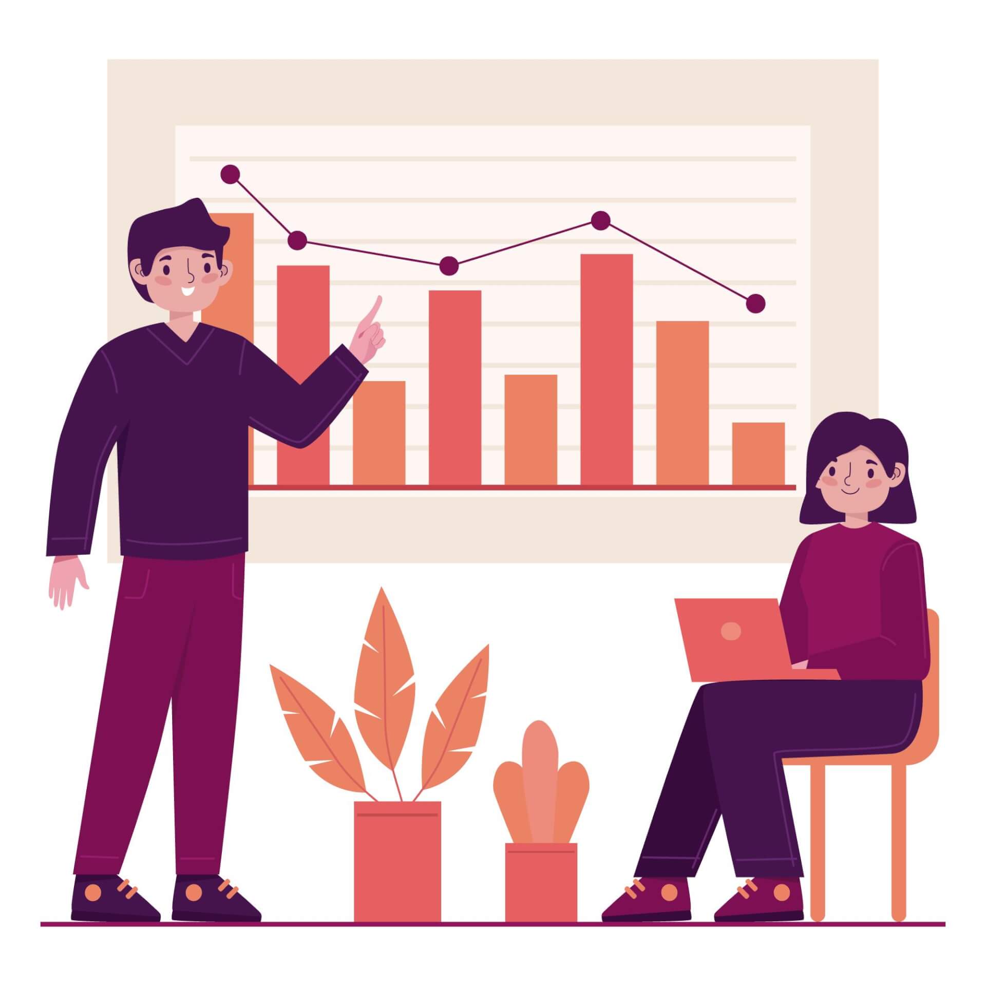 Illustration of a man, standing in front of a display showing statistics, a woman sitting next to him, working on her laptop.