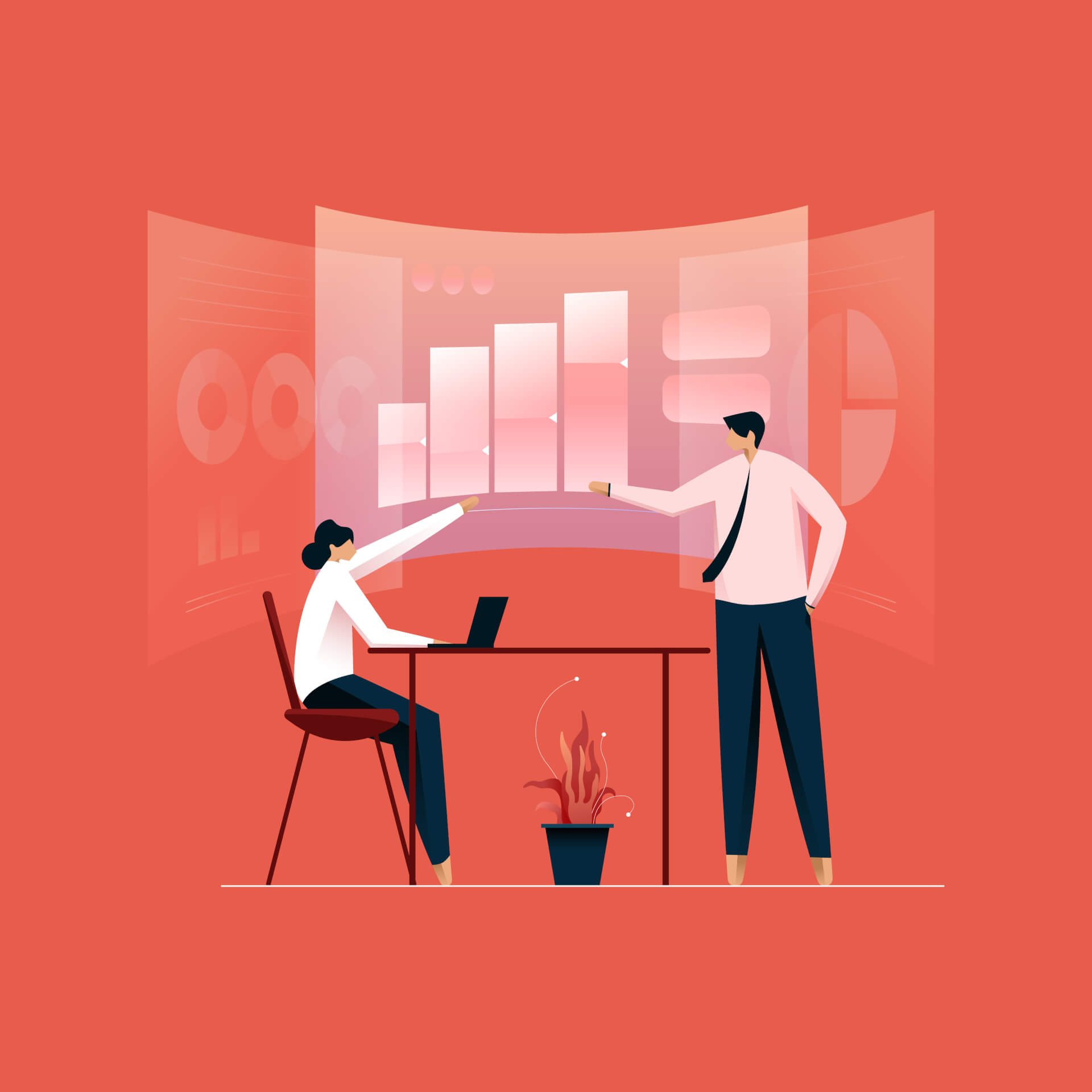 Illustration von zwei Personen, eine sitzt, die andere steht neben einem Schreibtisch, beide schauen auf einen riesigen Bildschirm mit Statistiken.