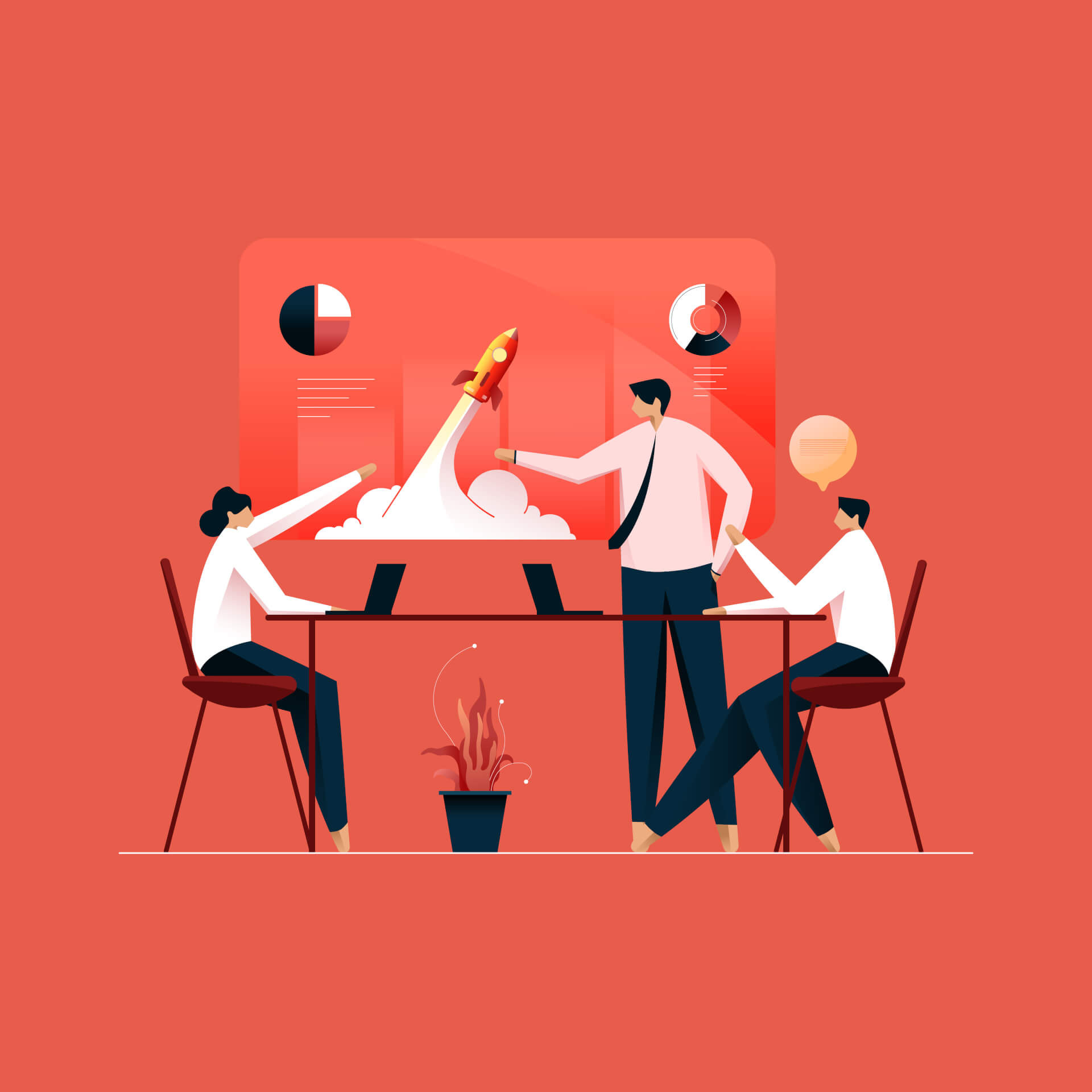 Illustration of three persons planning strategy on a big table.