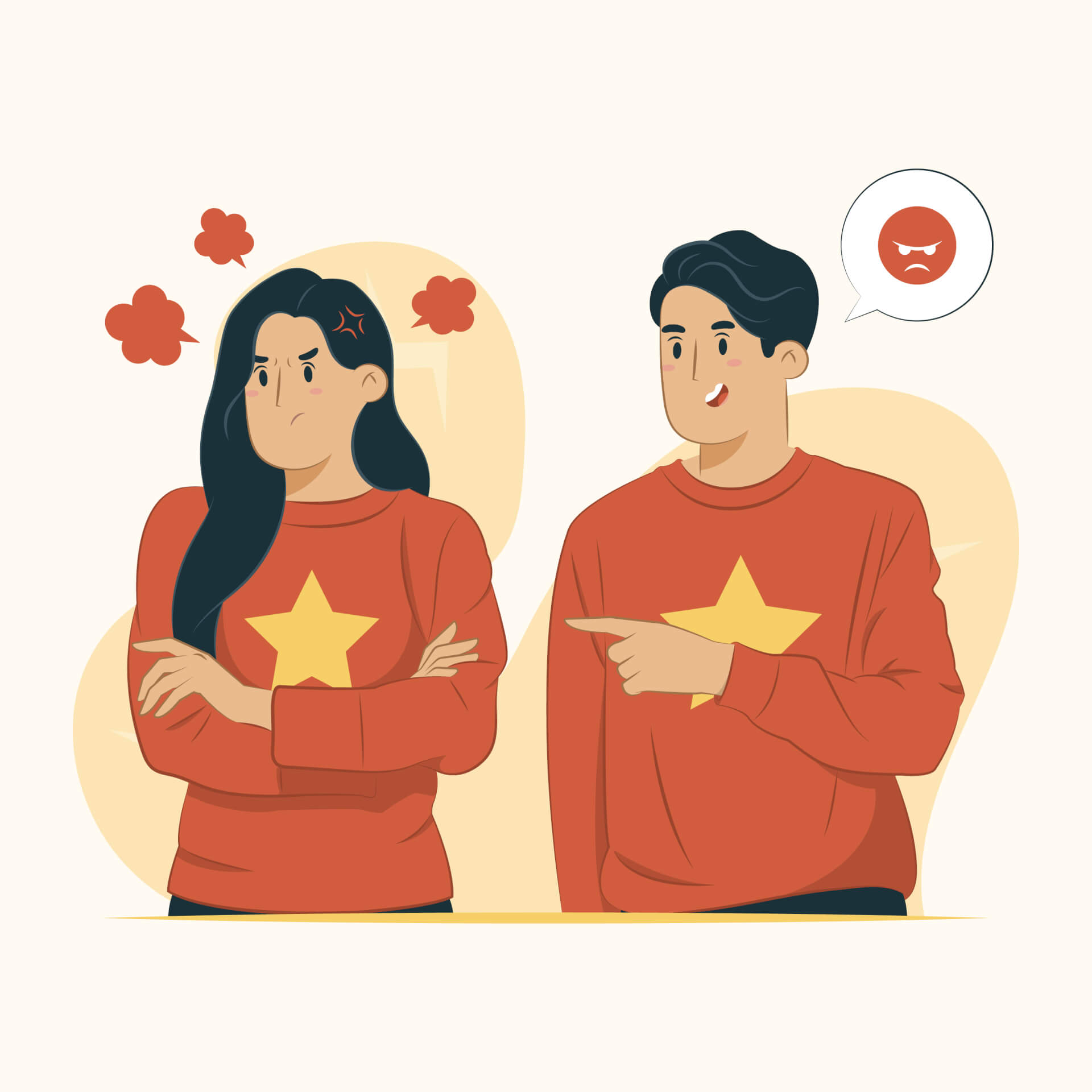Illustration eines Mannes und einer Frau, die nebeneinander stehen, beide tragen einen roten Pullover mit einem goldenen Stern darauf. Der Mann ist glücklich, die Frau unglücklich.