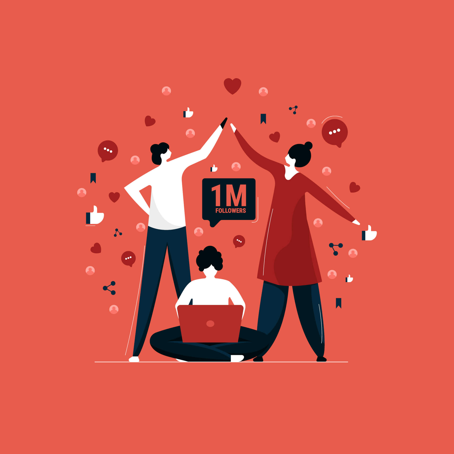 Illustration of a person sitting on the floor, working on a laptop. A speech bubble hovering over her, saying 1M Followers. Two other persons standing next to this, making high five. Many social media symbols for likes, comments and follows floating around. 