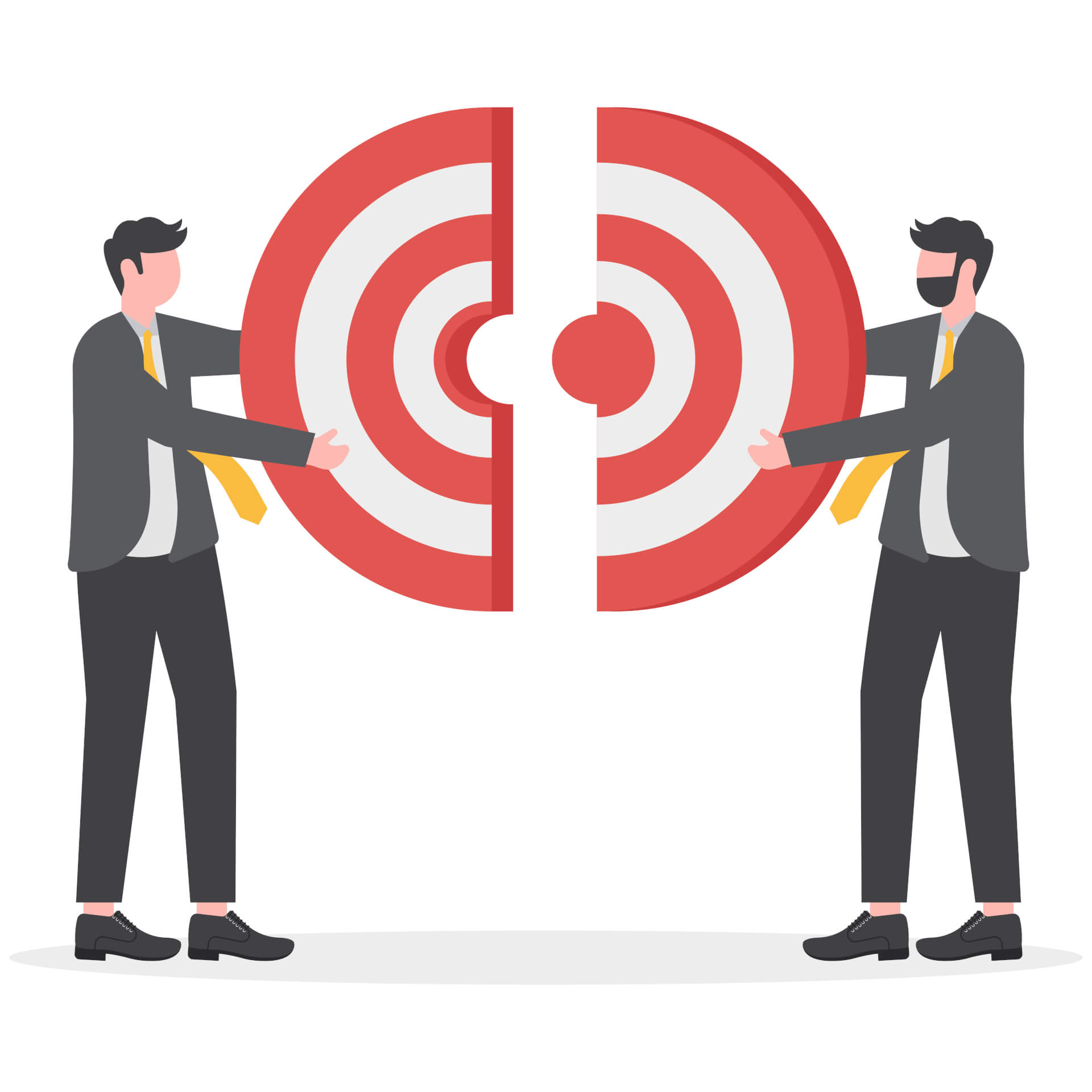 Illustration of two men, both holding half of a giant target, putting it together like puzzle pieces.