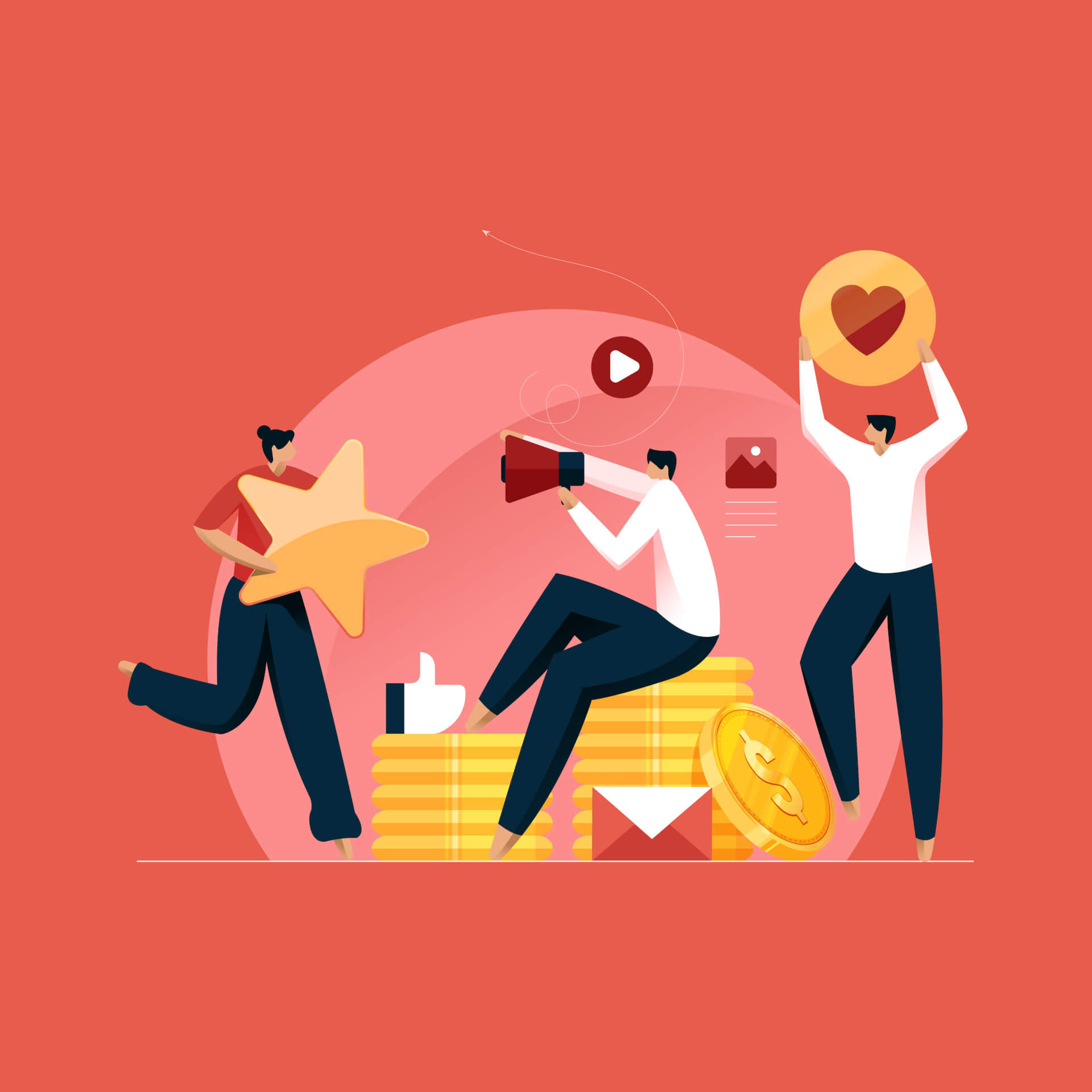 Illustration von drei Personen, die verschiedene Social-Media-Icons wie Sterne, Herzen und Daumen hoch halten.