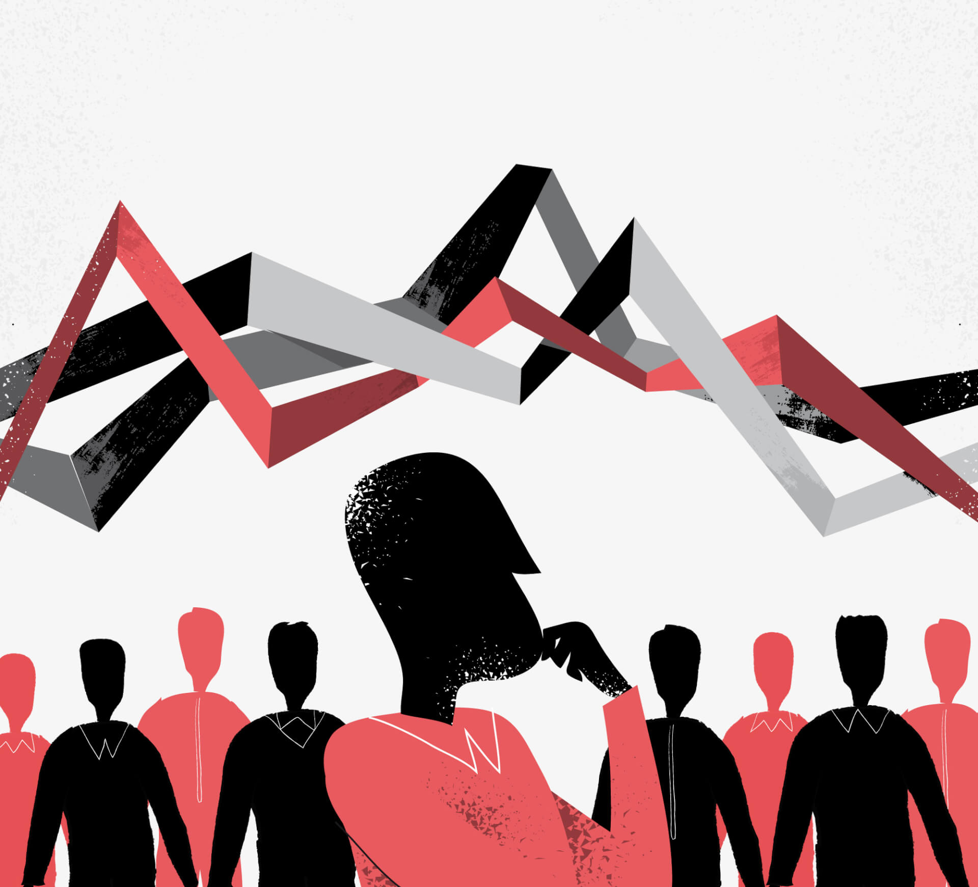 Abstrakte Illustration eines Mannes, der nachdenklich die Hand ans Kinn hält. Silhouetten von Menschen im Hintergrund, darüber schwebende wilde Grafiken.