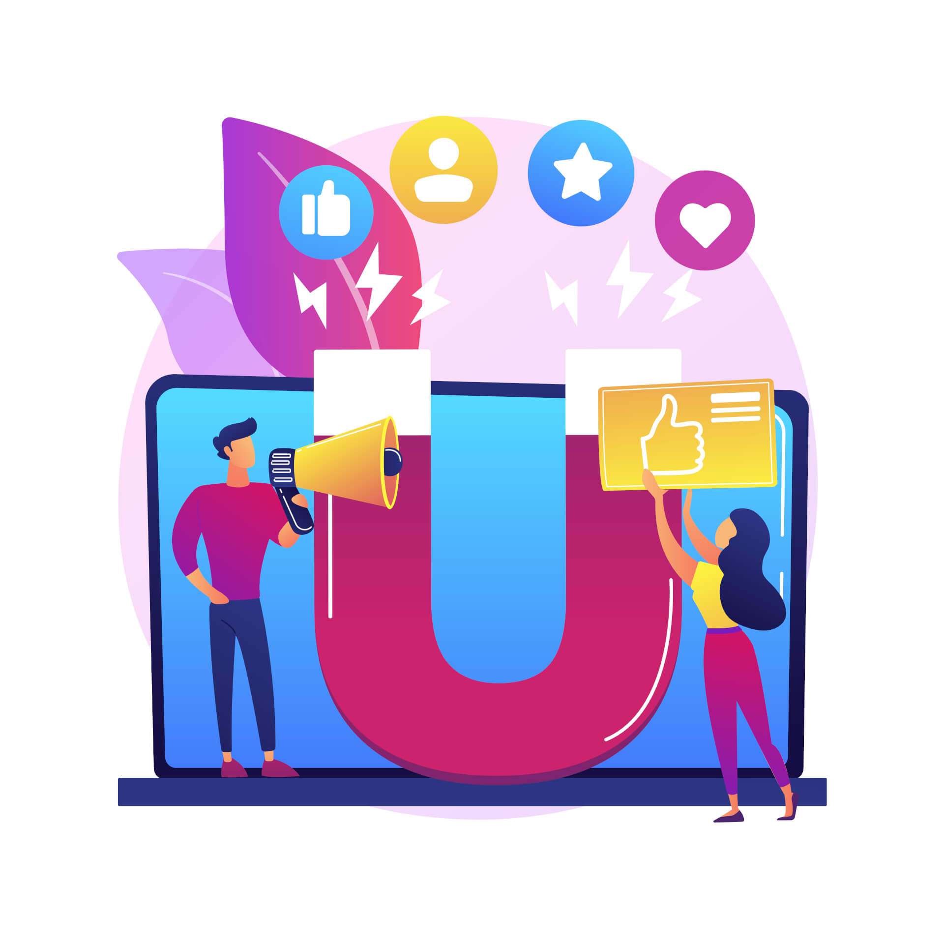Illustration of a gian magnet in front of a giant screen, a man standing on the left, holding a megaphone, a woman on the right, holding a thumbs up icon. 