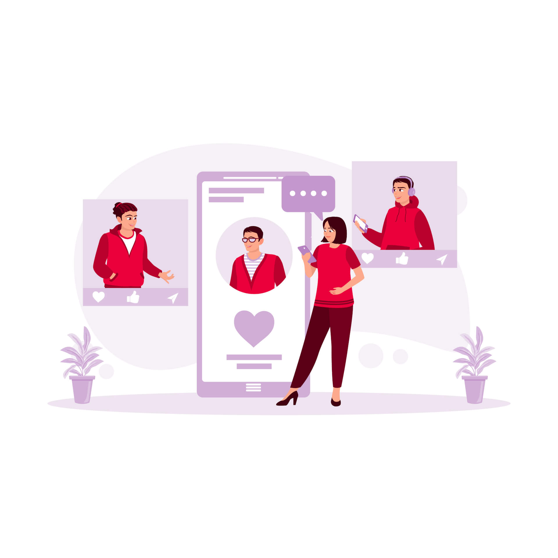 Illustration einer Frau, die mit drei anderen Frauen auf verschiedenen Geräten spricht.