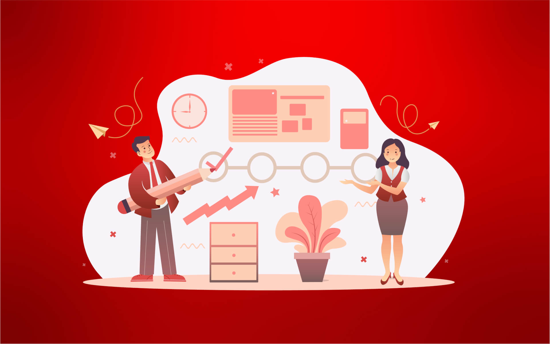 Illustration of a man and a woman, performing a presentation, the man holding a giant pen, the woman pointing towards the data displayed on the wall