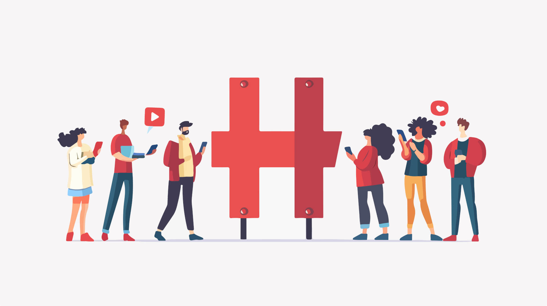 Illustration eines riesigen Hashtag-Zeichens mit einer Gruppe von Menschen, die daneben stehen und auf ihren elektronischen Geräten schreiben.