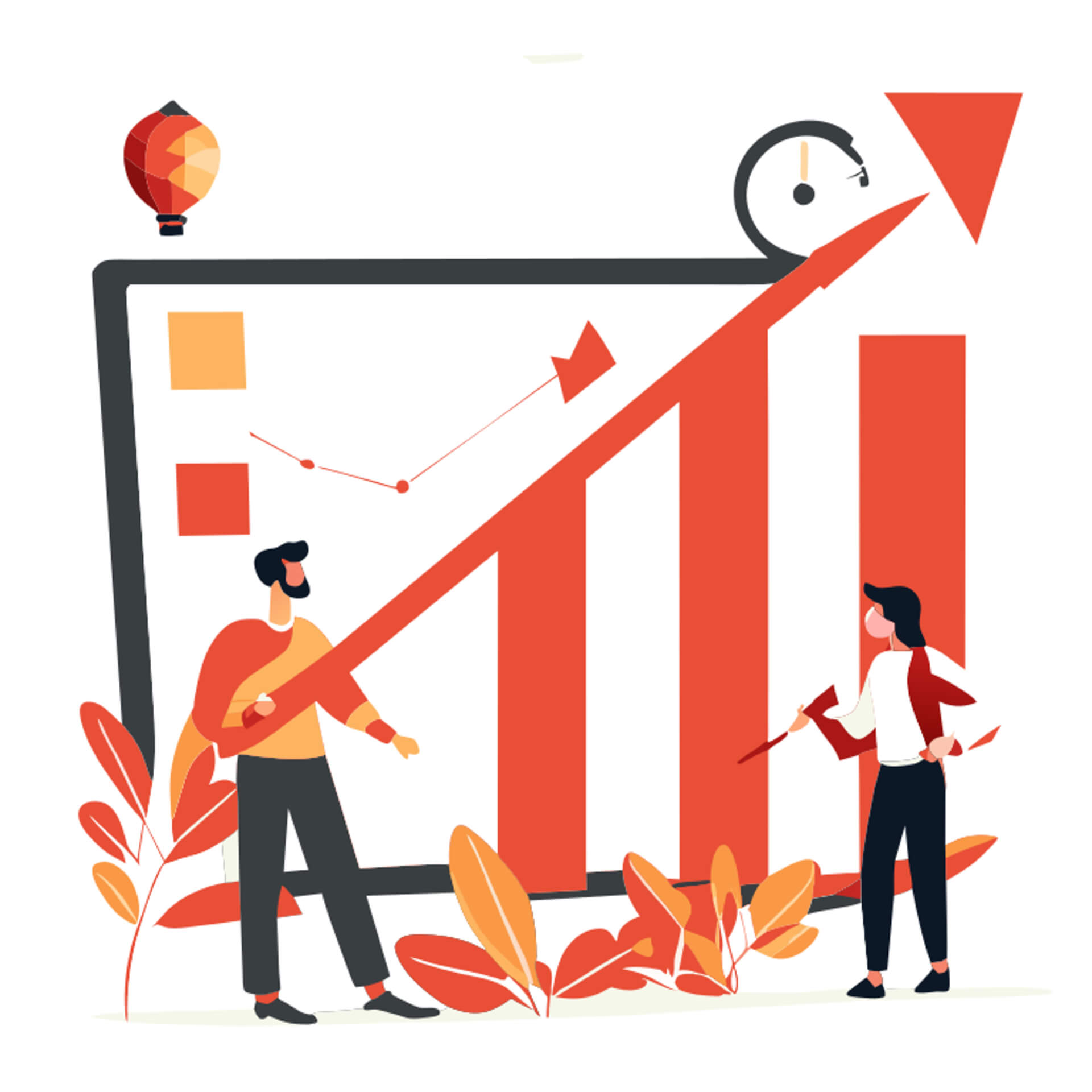 Illustration eines großen Bildschirms mit Säulenstatistiken und einem nach oben zeigenden Pfeil, zwei Personen stehen davor und inspizieren die Ergebnisse.