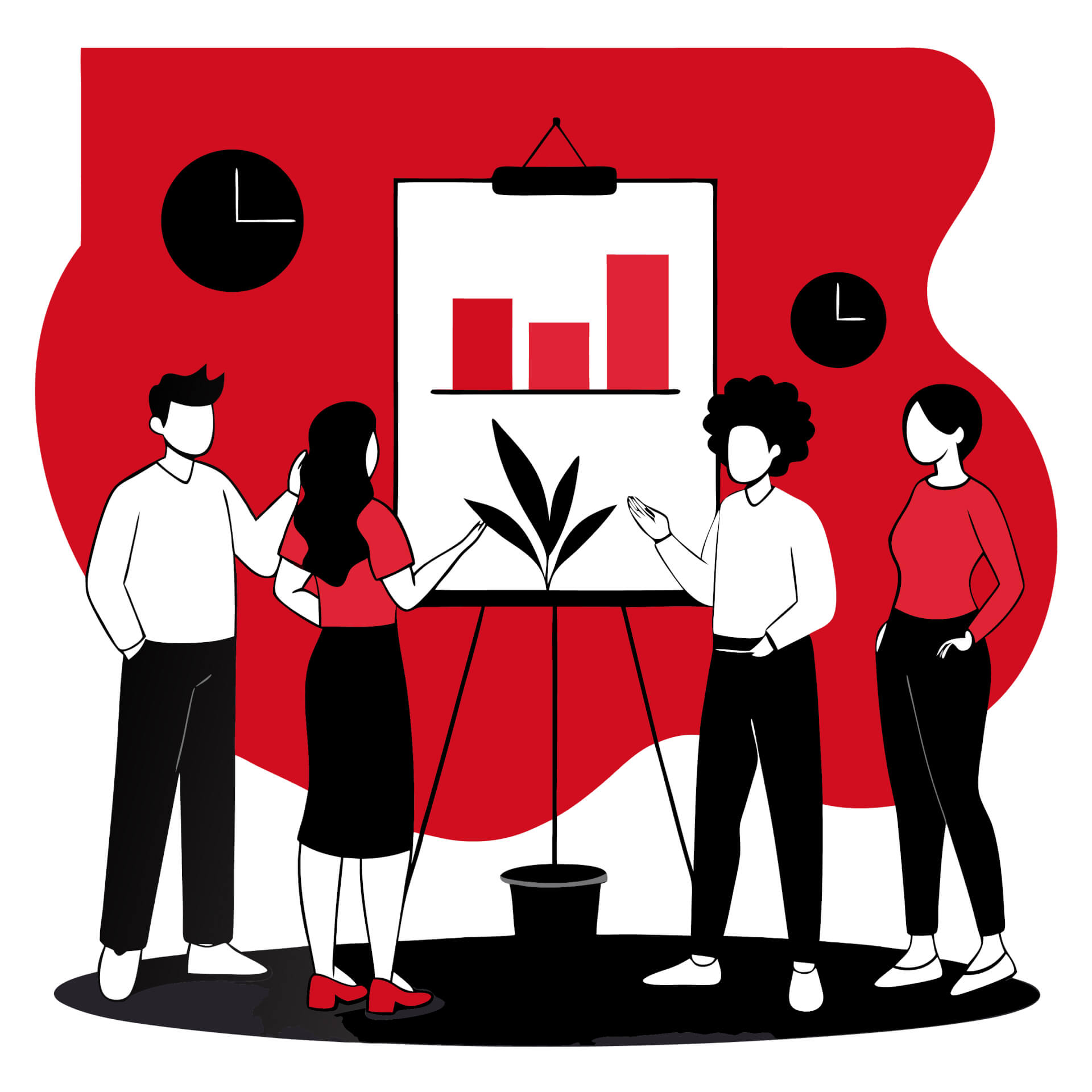 Illustration von vier Personen, die sich Statistiken auf einem Flipchart ansehen.