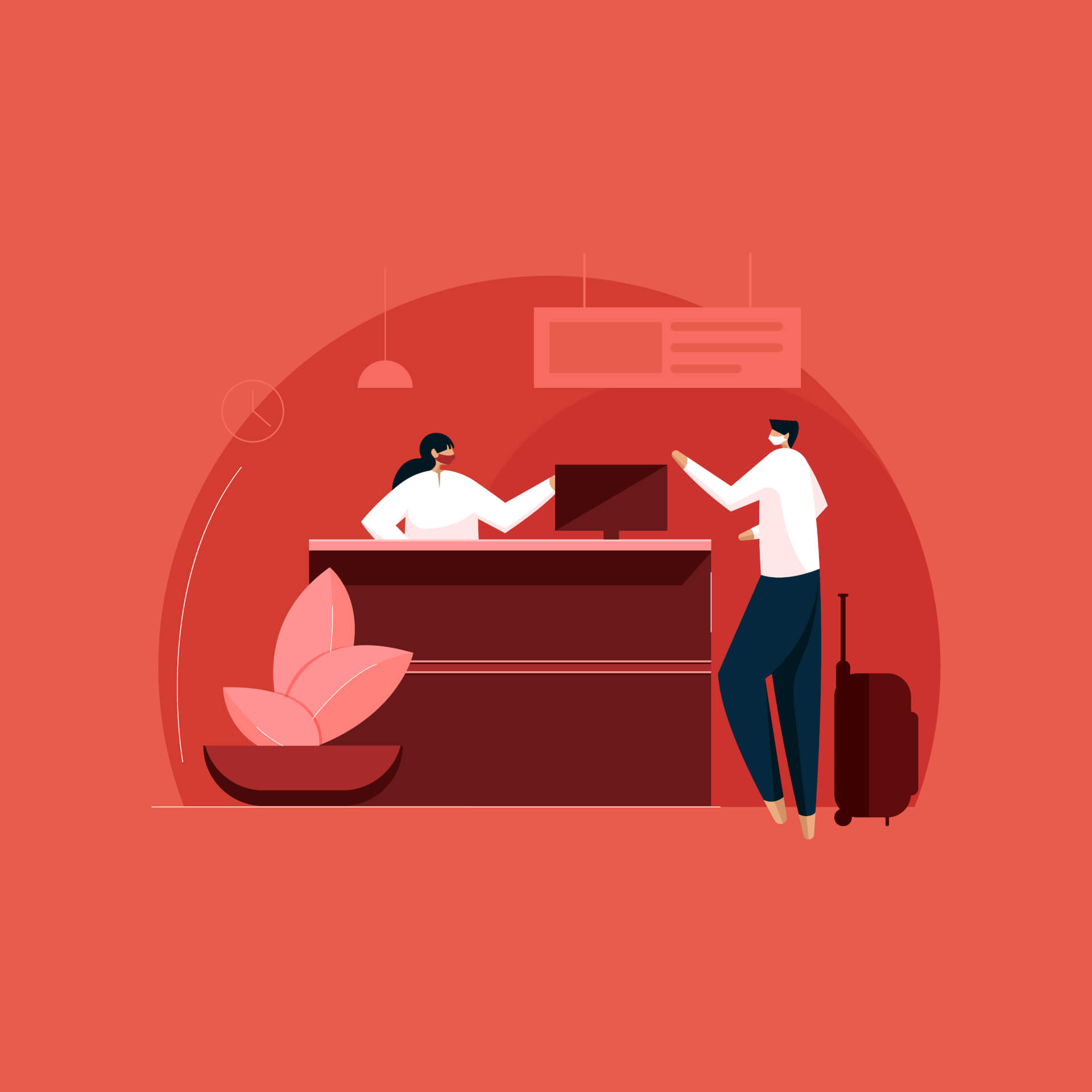 Illustration of a front desk, a person checking in, being greeted by front desk clerk