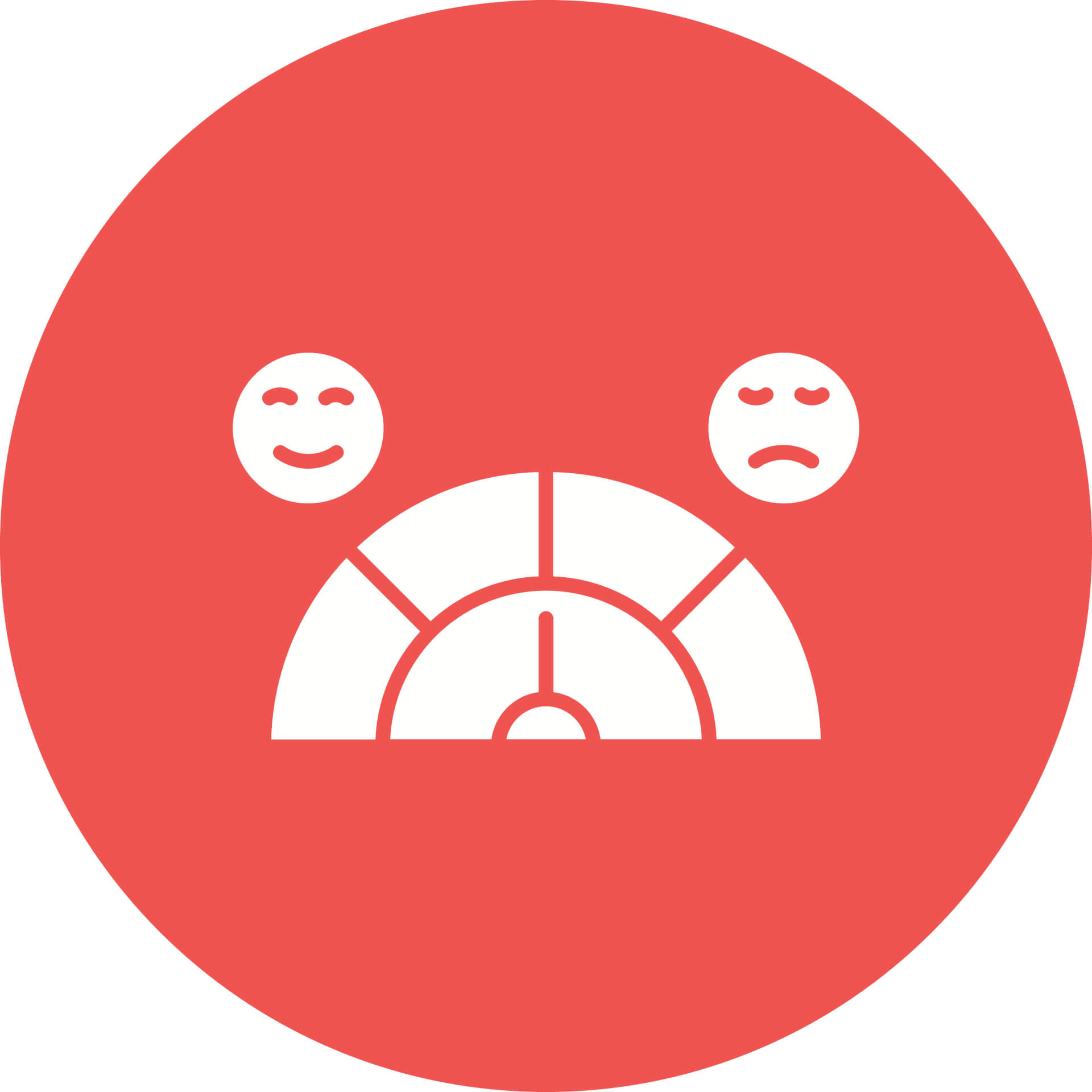 Illustration eines Zufriedenheitsumfrage-Icons in Rot und Weiß, mit einem glücklichen und einem unglücklichen Smiley