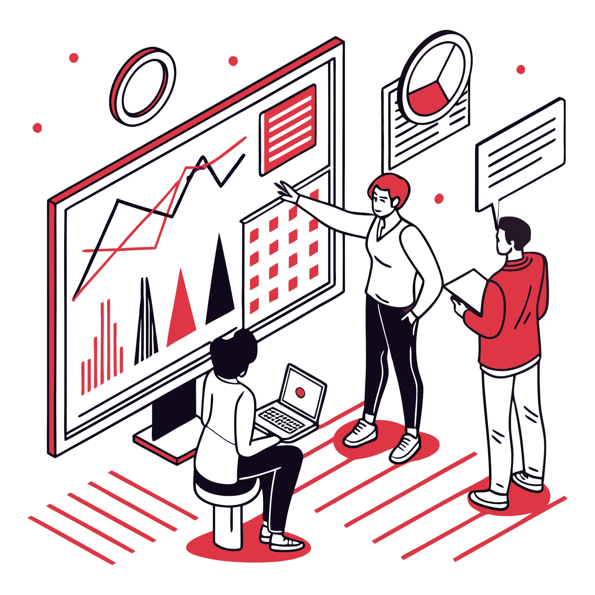 Illustration von drei Personen, die vor einem riesigen Display und Dashboard stehen und planen.