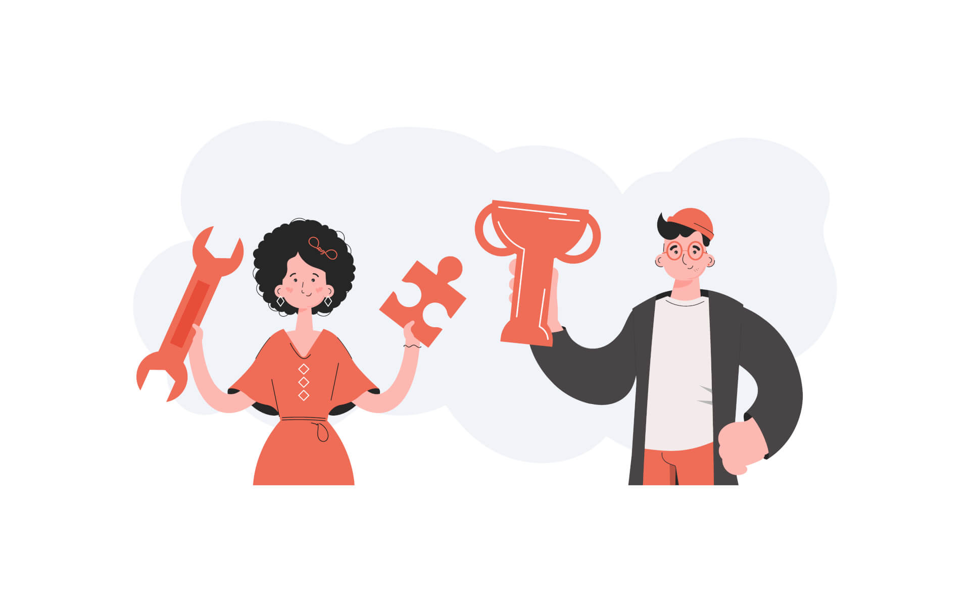 Illustration eines Mannes und einer Frau, die nebeneinander stehen und Schraubenschlüssel sowie eine Trophäe halten