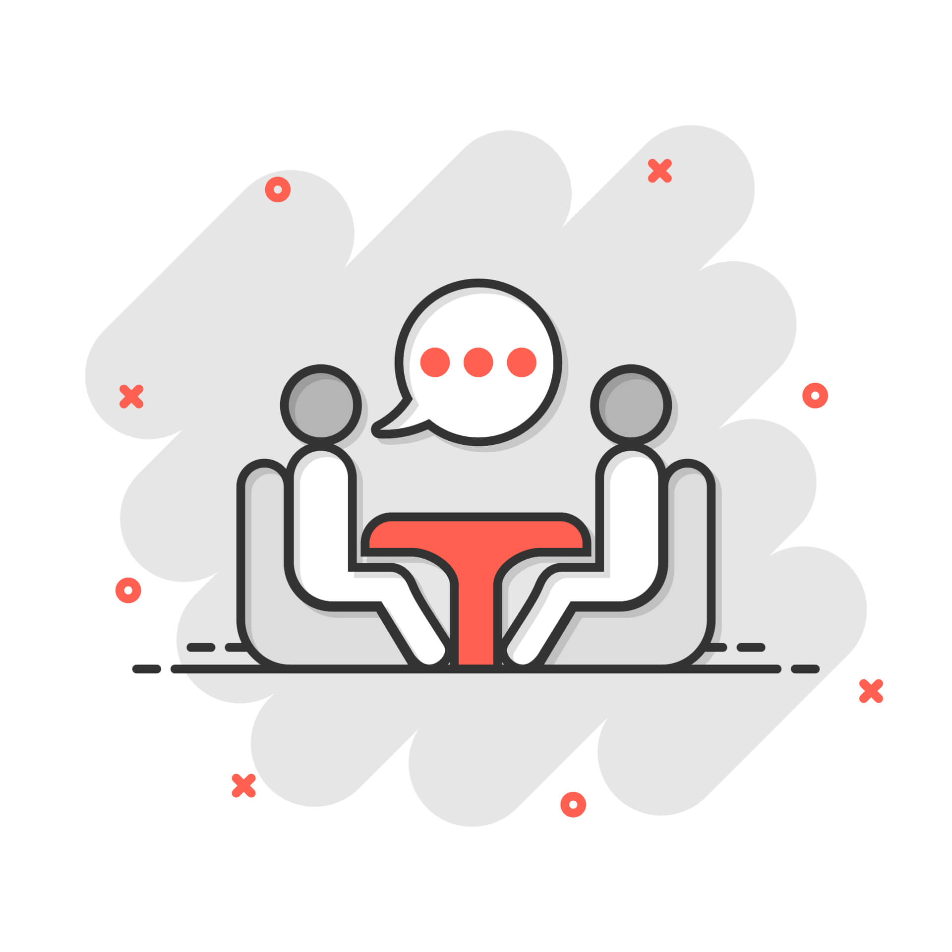 Illustration von zwei Strichmännchen, die auf gegenüberliegenden Seiten eines Tisches sitzen und miteinander sprechen.