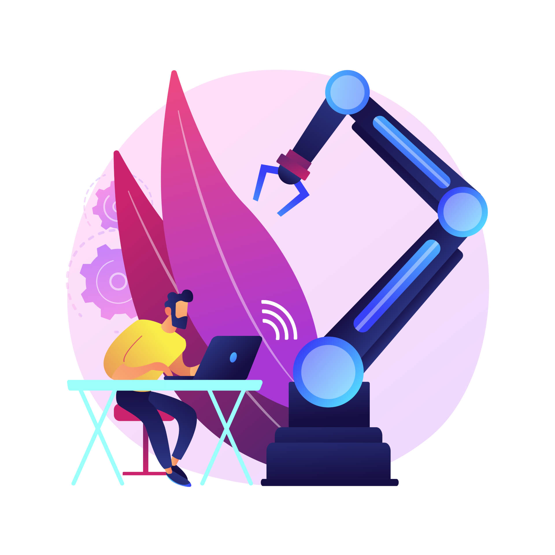 Illustration of a man sitting at his desk, a giant robotic arm i the background.