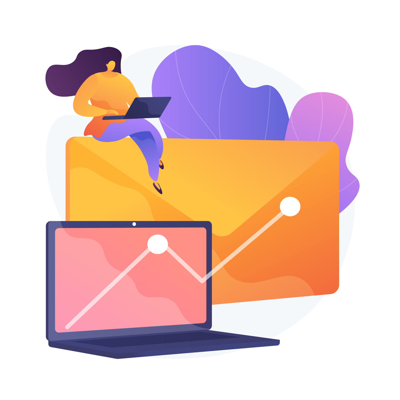 Illustration einer Frau, die auf einem riesigen Laptop sitzt und an ihrem Computer arbeitet.